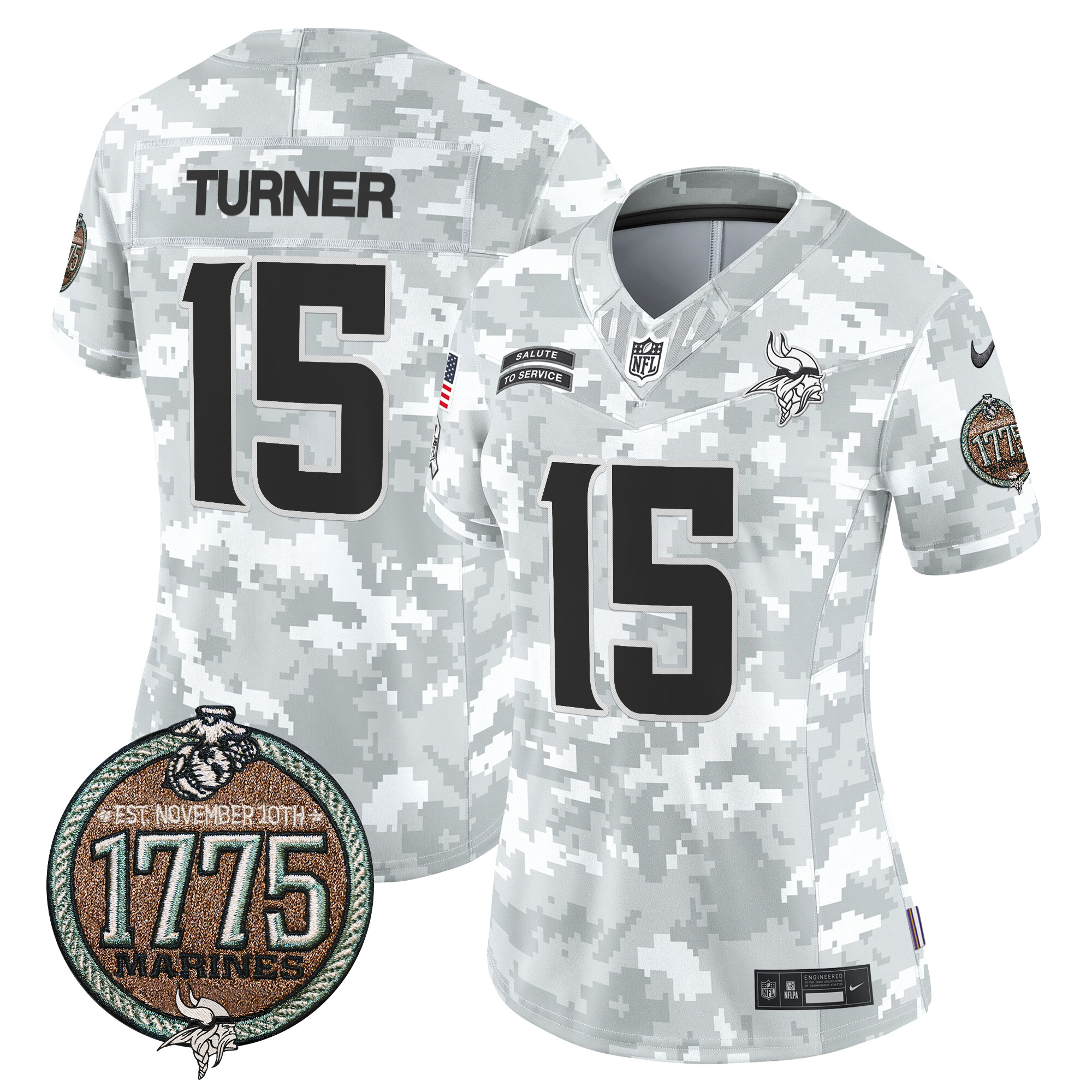 Dallas Turner Women's Minnesota Vikings 2024 Salute to Service Establishment Year Patch Vapor Limited Marines Jersey - All Stitched