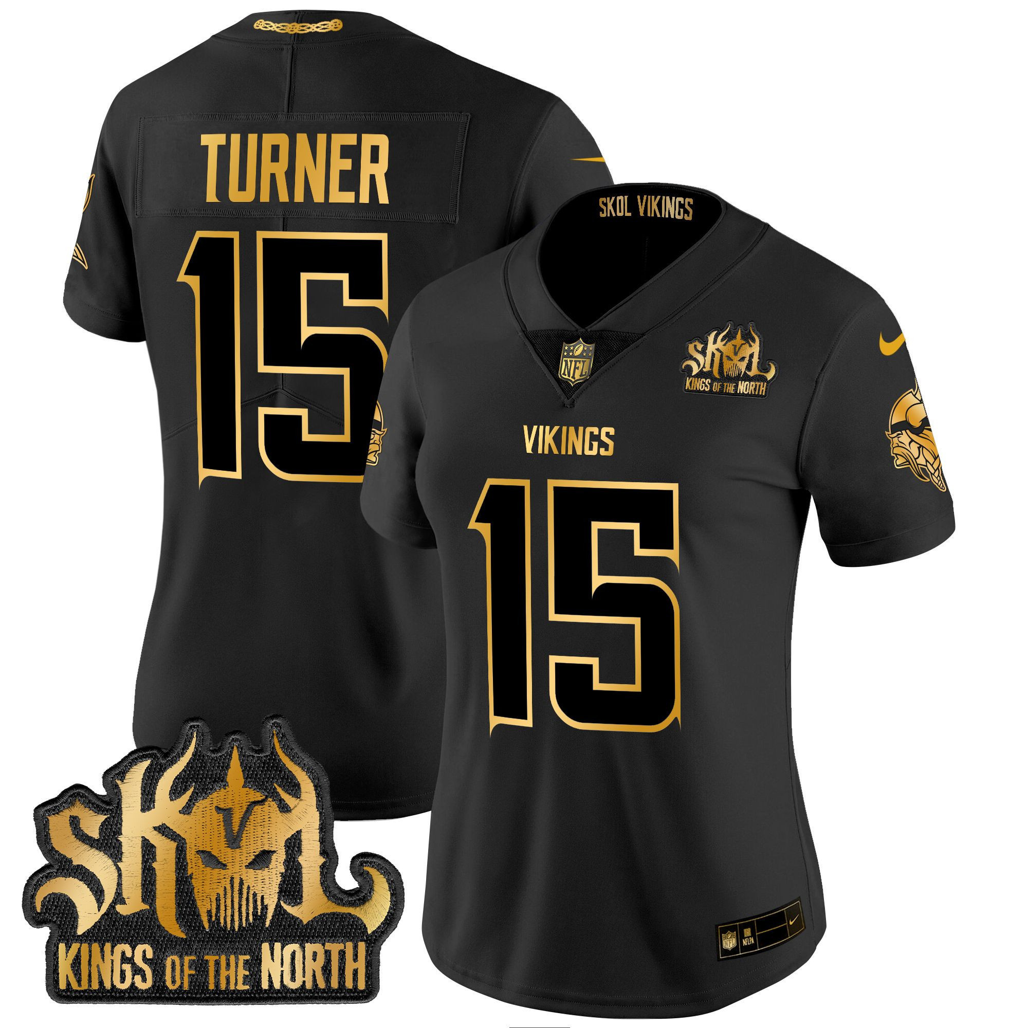 Dallas Turner Women's Minnesota Vikings 2024 Winter Warrior Skol Patch Gold Vapor Limited Black Gold Jersey - All Stitched