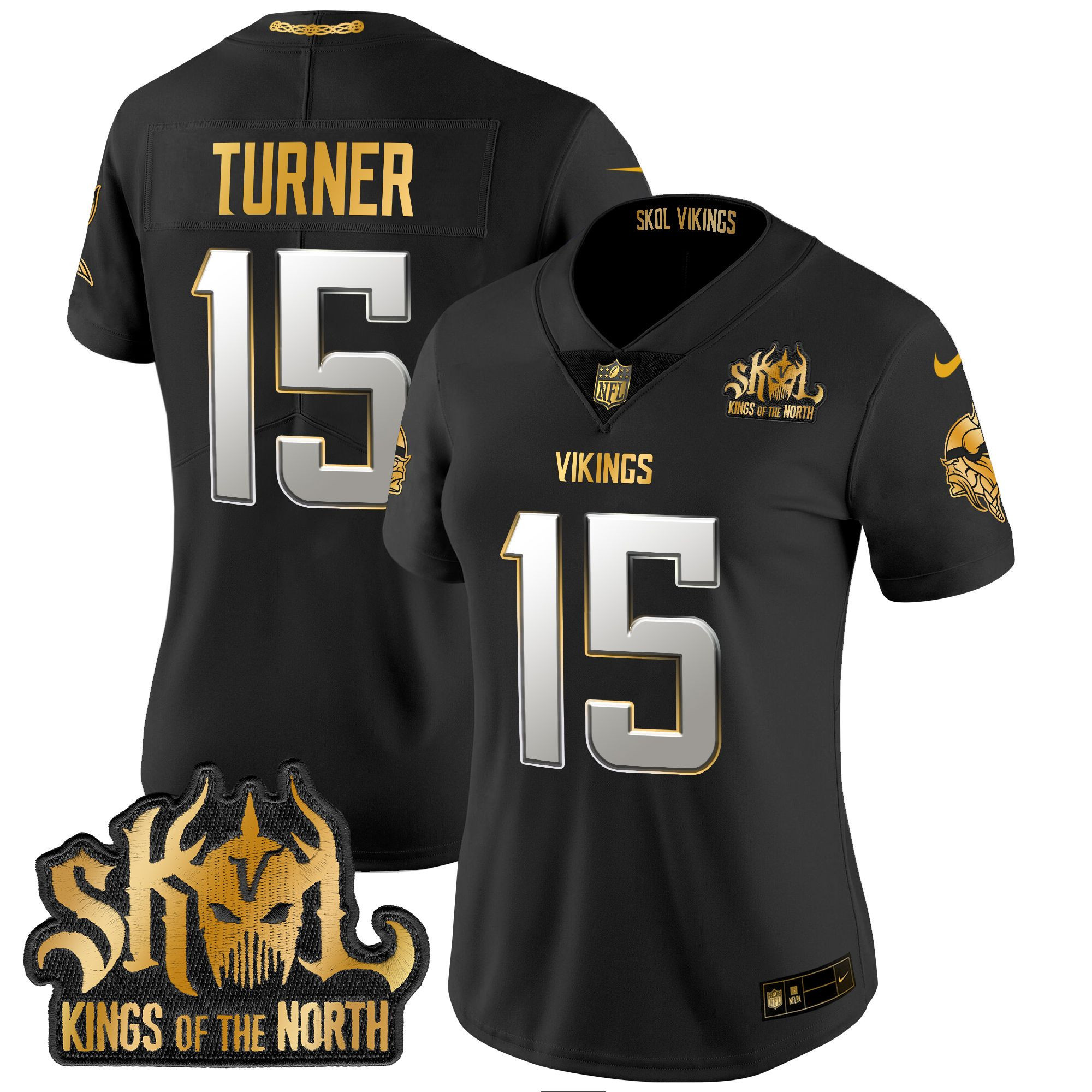 Dallas Turner Women's Minnesota Vikings 2024 Winter Warrior Skol Patch Gold Vapor Limited Black Limited Jersey - All Stitched