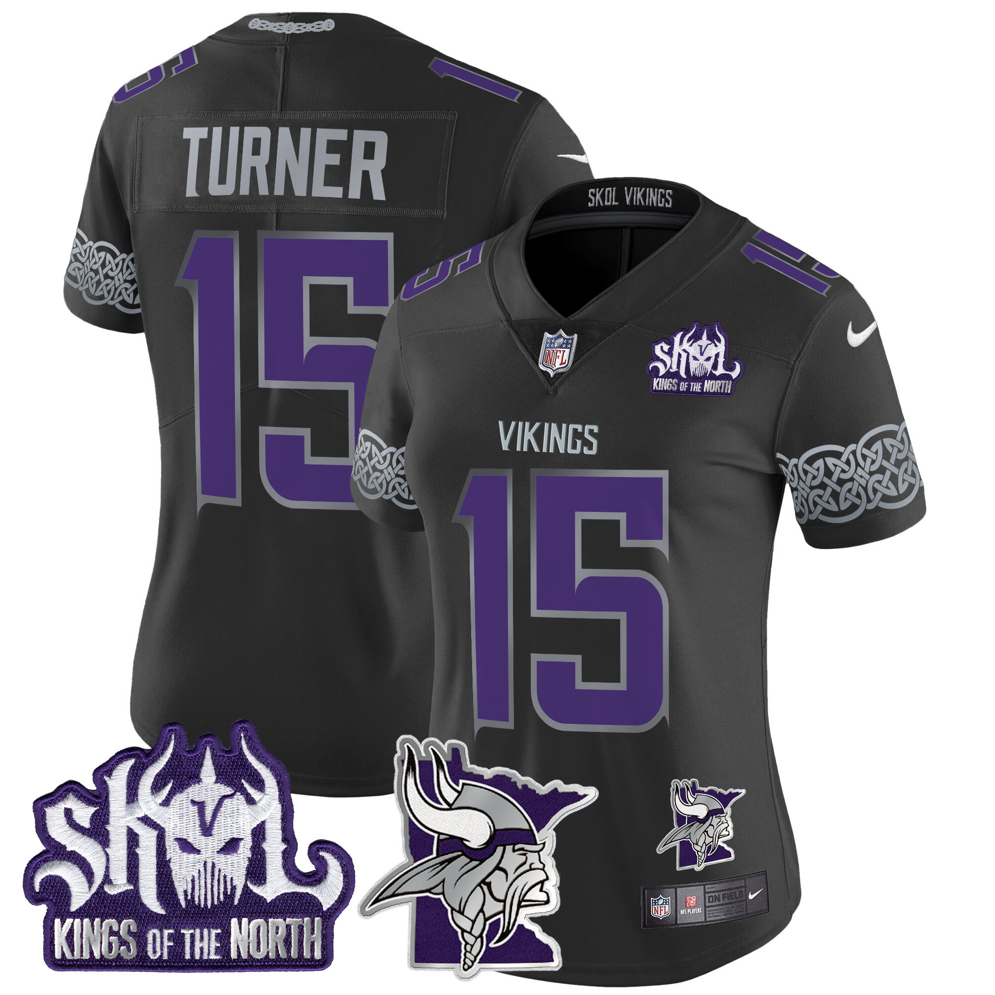 Dallas Turner Women's Minnesota Vikings 2024 Winter Warrior Skol Patch Vapor Limited Black Jersey - All Stitched