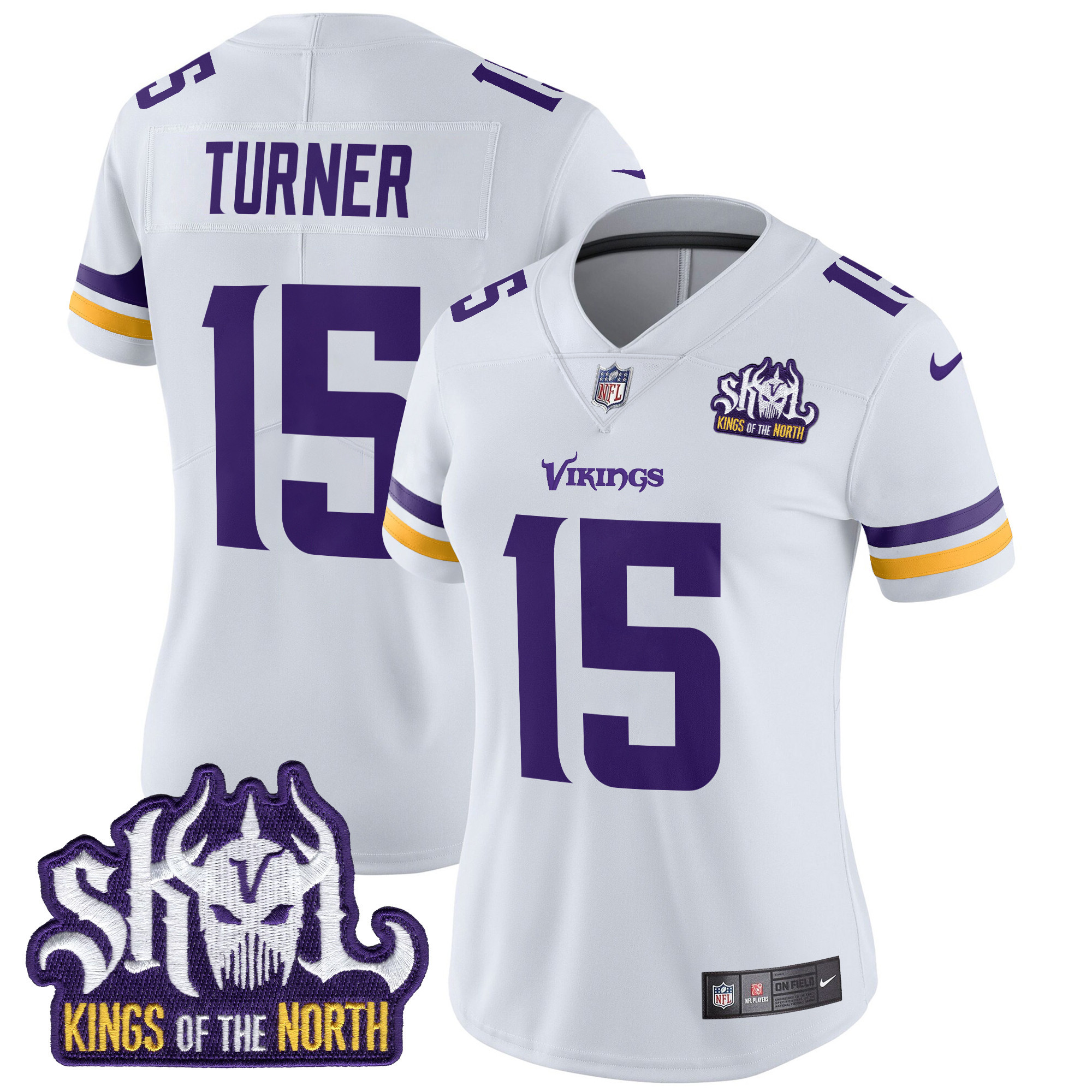 Dallas Turner Women's Minnesota Vikings Kings Of The North Patch Vapor Limited White Jersey - All Stitched