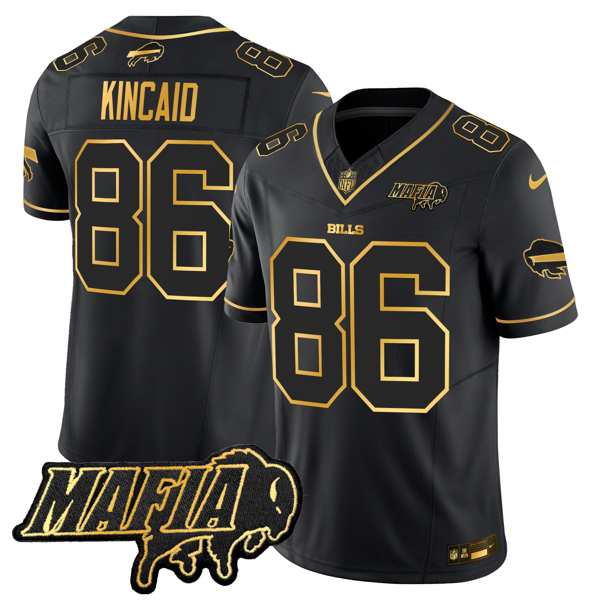 Dalton Kincaid Men's Buffalo Bills 2024 Buffalo Bills Mafia Patch Gold Vapor Limited Black Gold Jersey - All Stitched