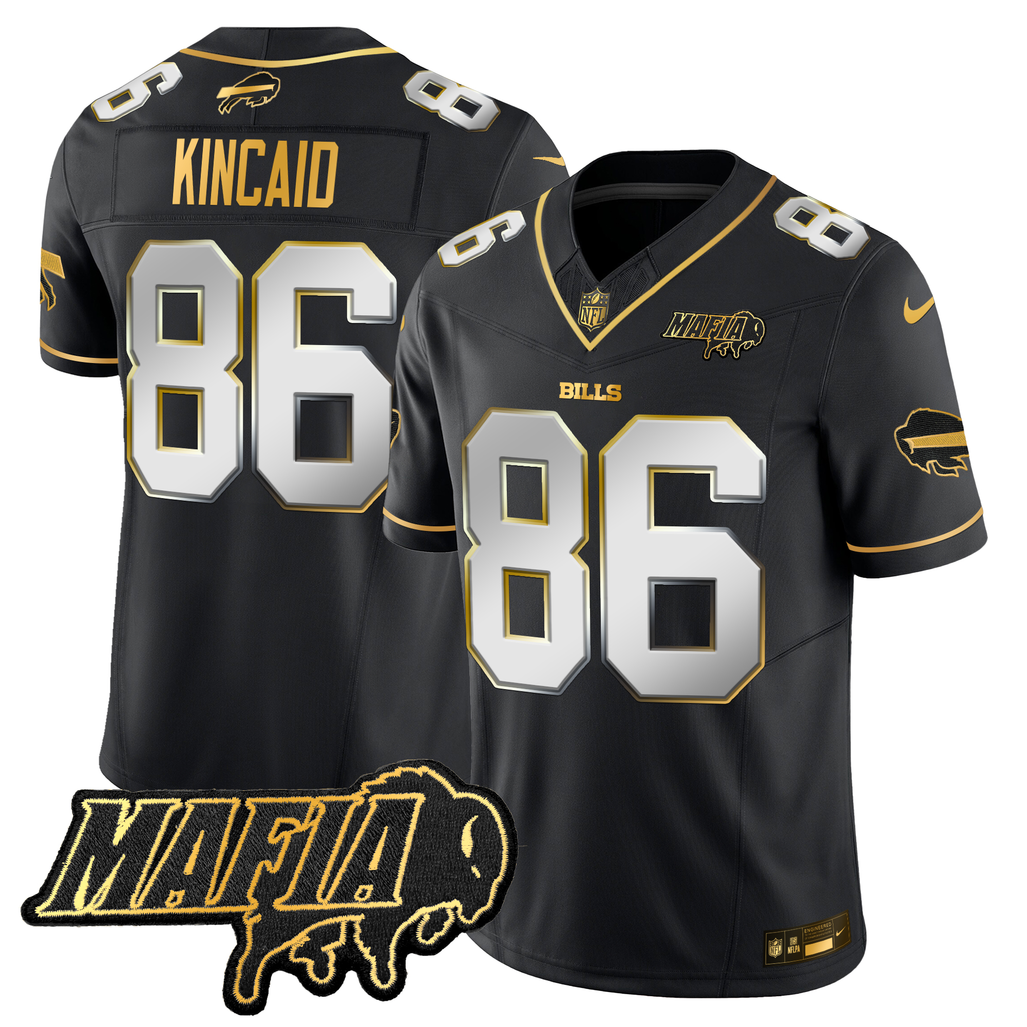 Dalton Kincaid Men's Buffalo Bills 2024 Buffalo Bills Mafia Patch Gold Vapor Limited Black Limited Jersey - All Stitched