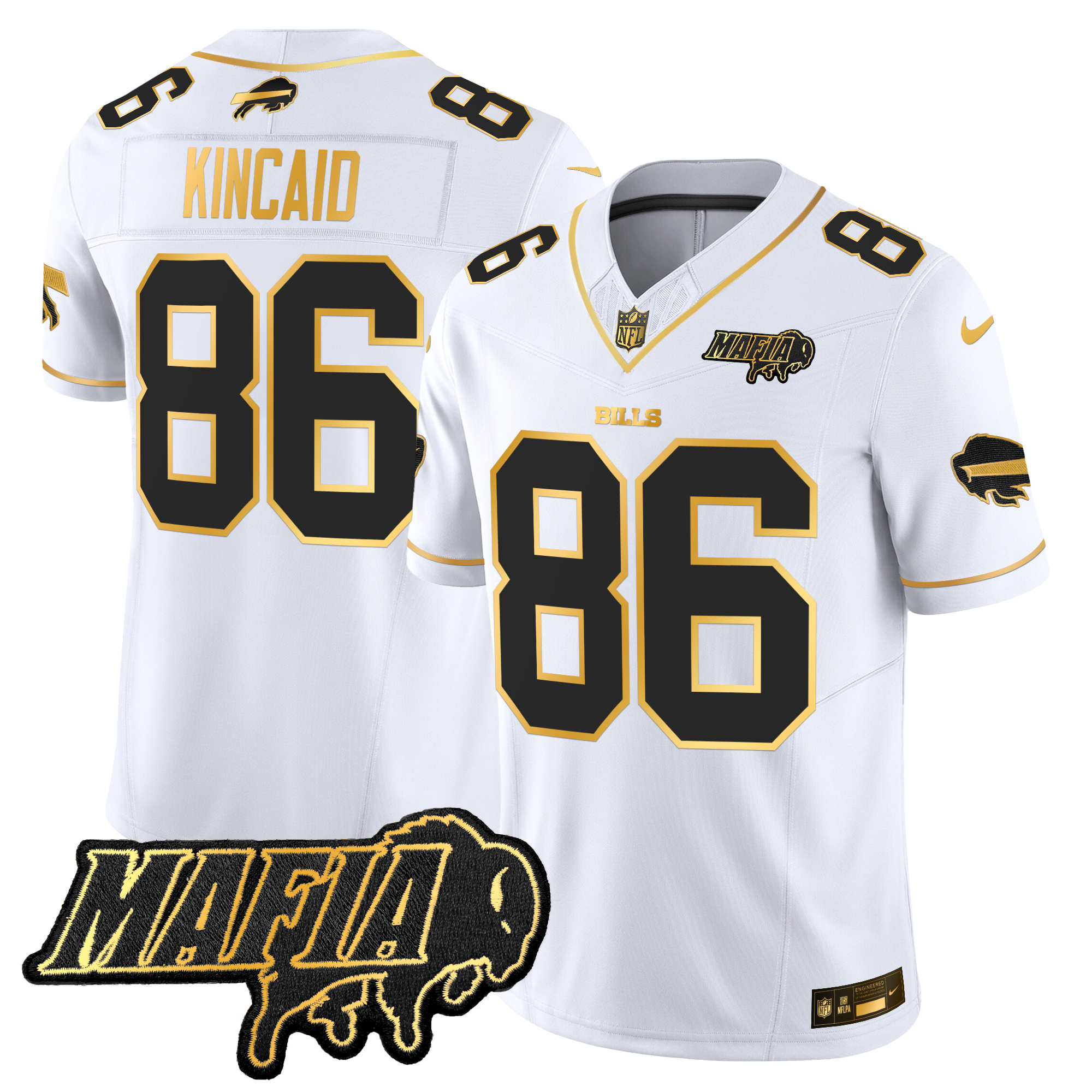 Dalton Kincaid Men's Buffalo Bills 2024 Buffalo Bills Mafia Patch Gold Vapor Limited White Gold Jersey - All Stitched