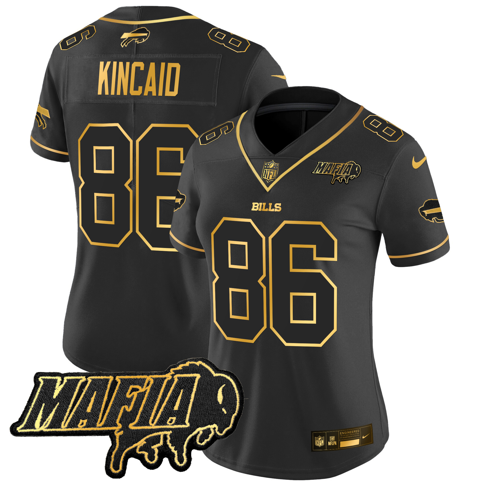 Dalton Kincaid Women's Buffalo Bills 2024 Buffalo Bills Mafia Patch Gold Vapor Limited Black Gold Jersey - All Stitched