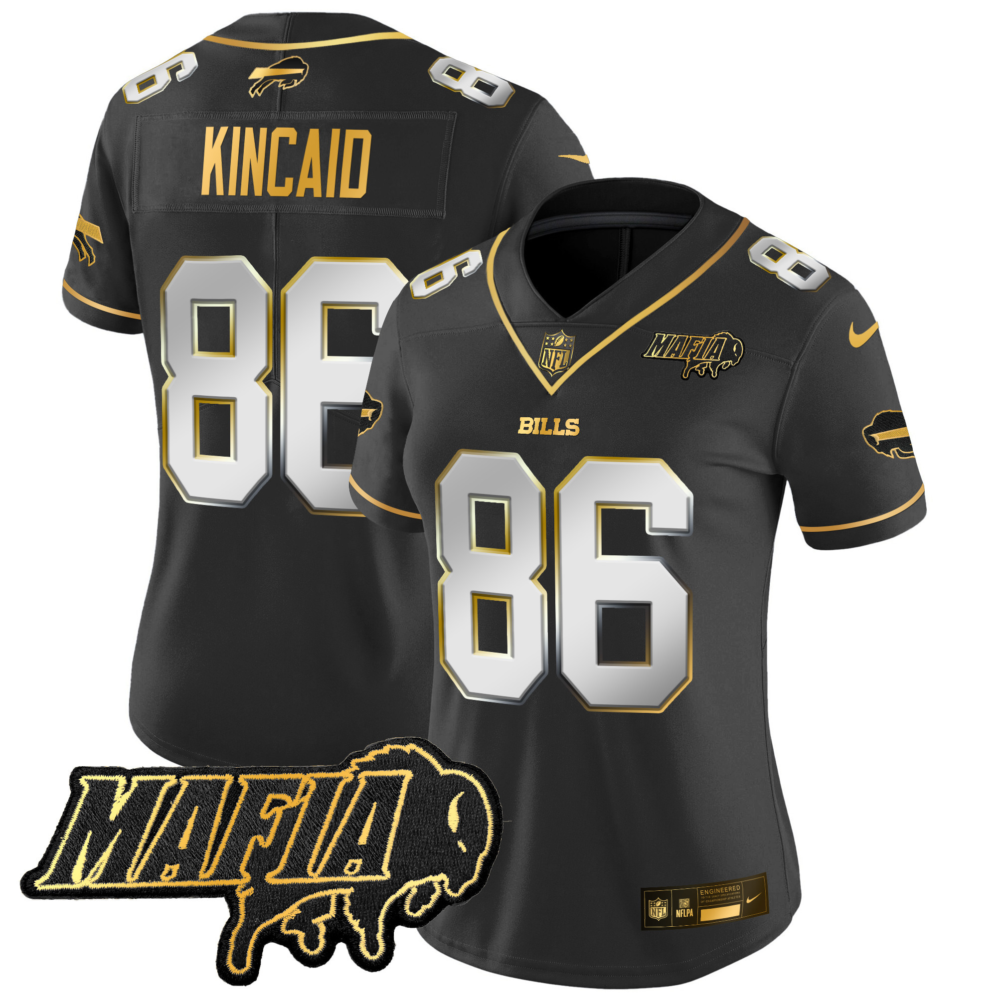 Dalton Kincaid Women's Buffalo Bills 2024 Buffalo Bills Mafia Patch Gold Vapor Limited Black Limited Jersey - All Stitched