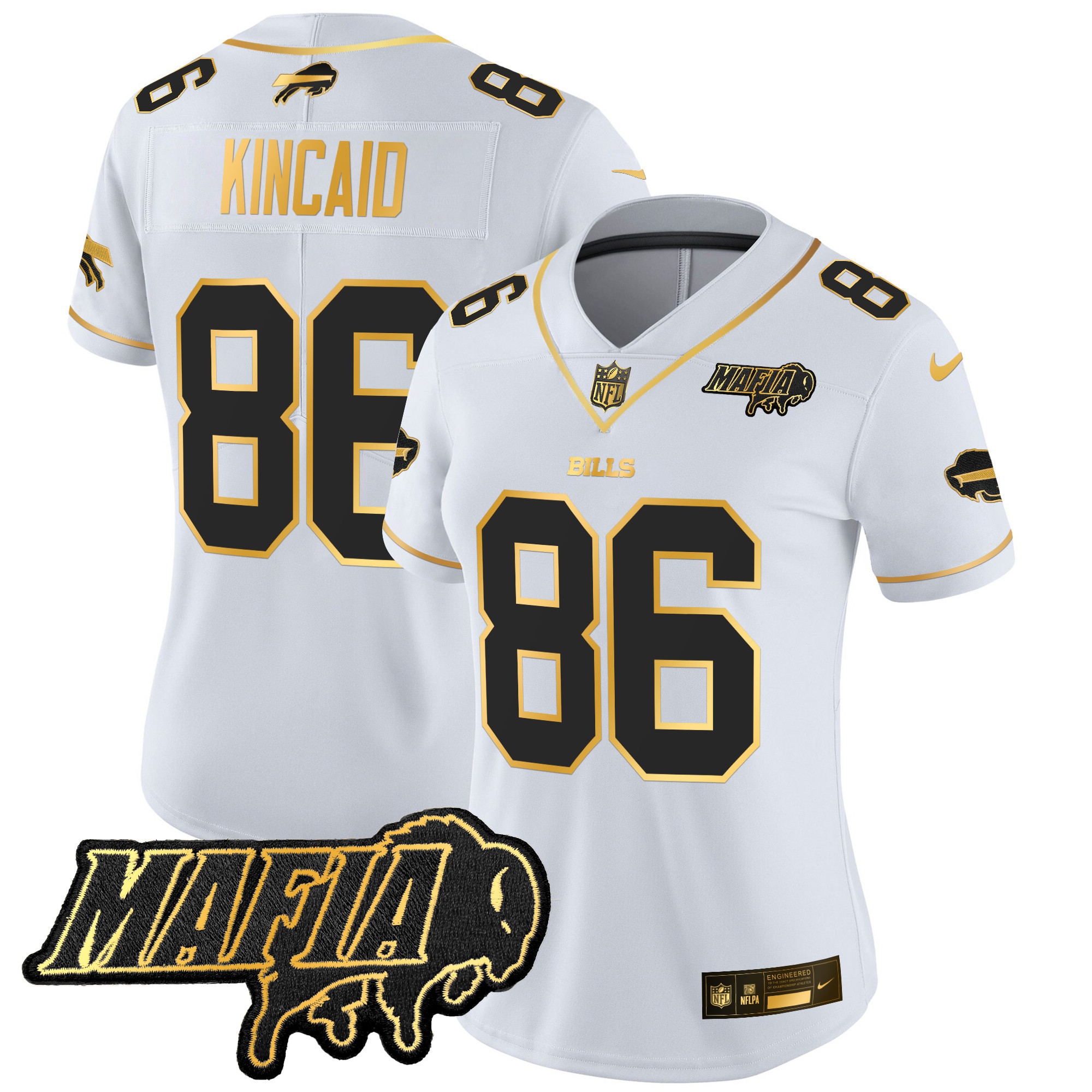 Dalton Kincaid Women's Buffalo Bills 2024 Buffalo Bills Mafia Patch Gold Vapor Limited White Gold Jersey - All Stitched