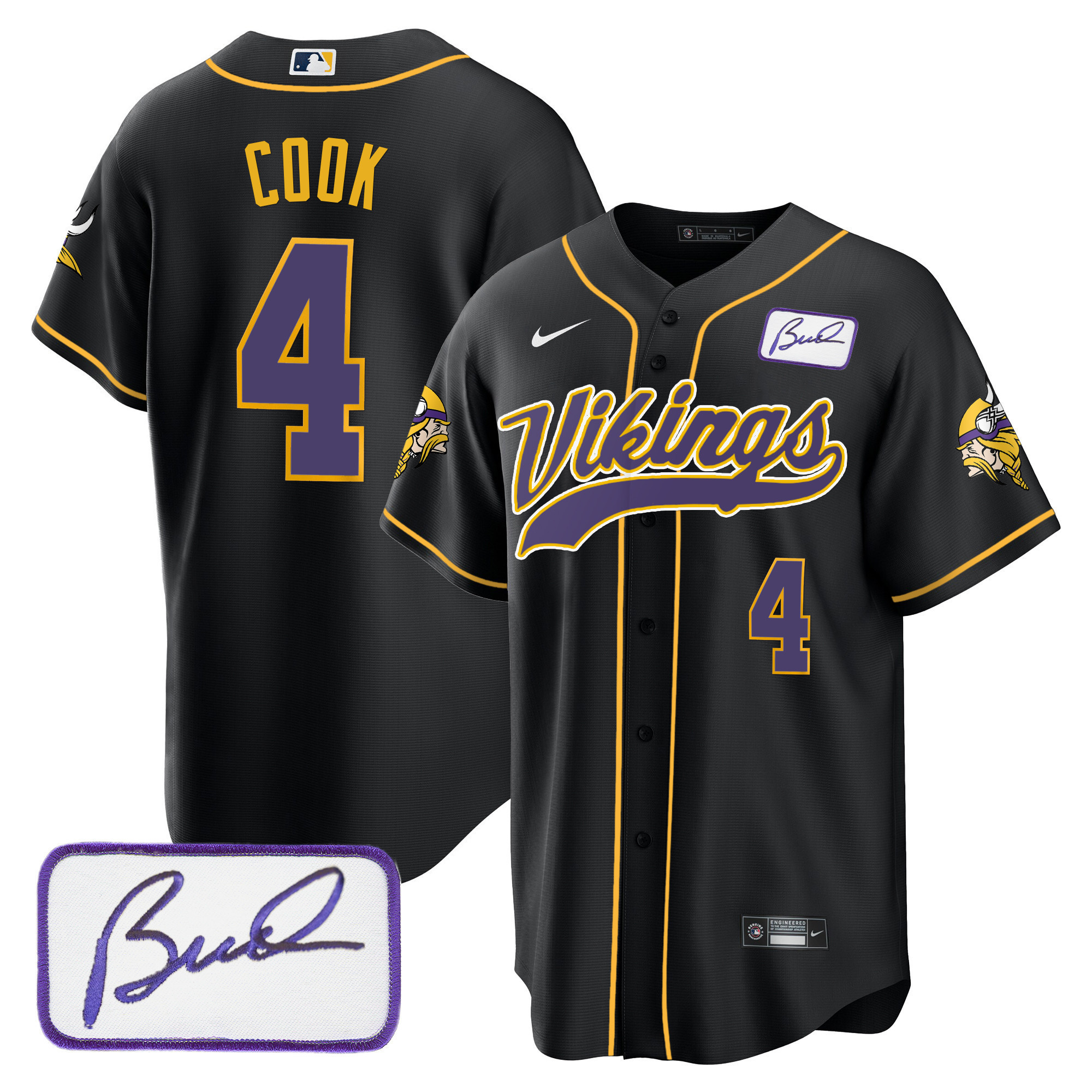 Dalvin Cook Men's Minnesota Vikings Bud Grant Patch Classic Baseball Black Jersey - All Stitched