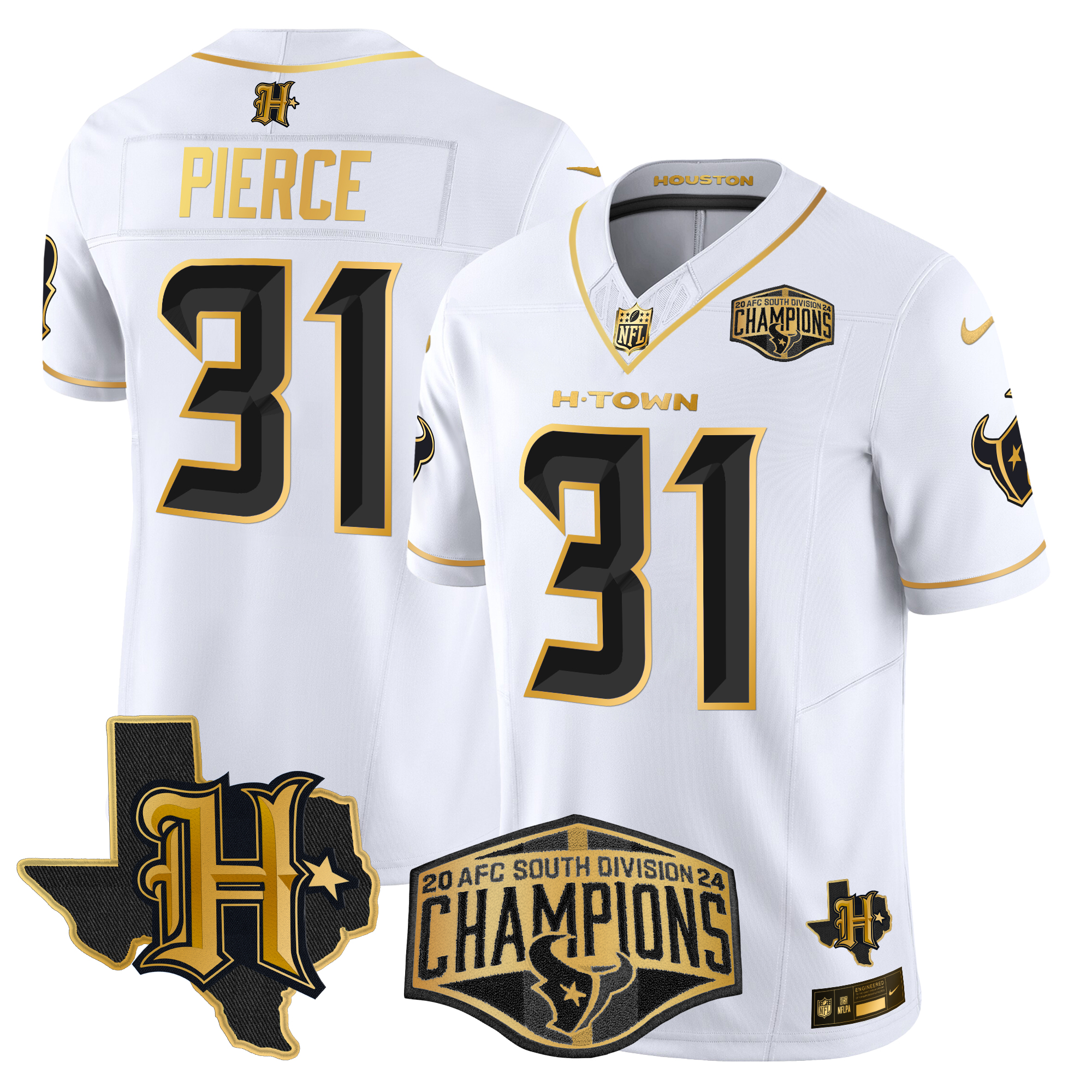Dameon Pierce Men's Houston Texans 2024 AFC South Division Champions Patch Gold Vapor Limited White Gold Jersey - All Stitched