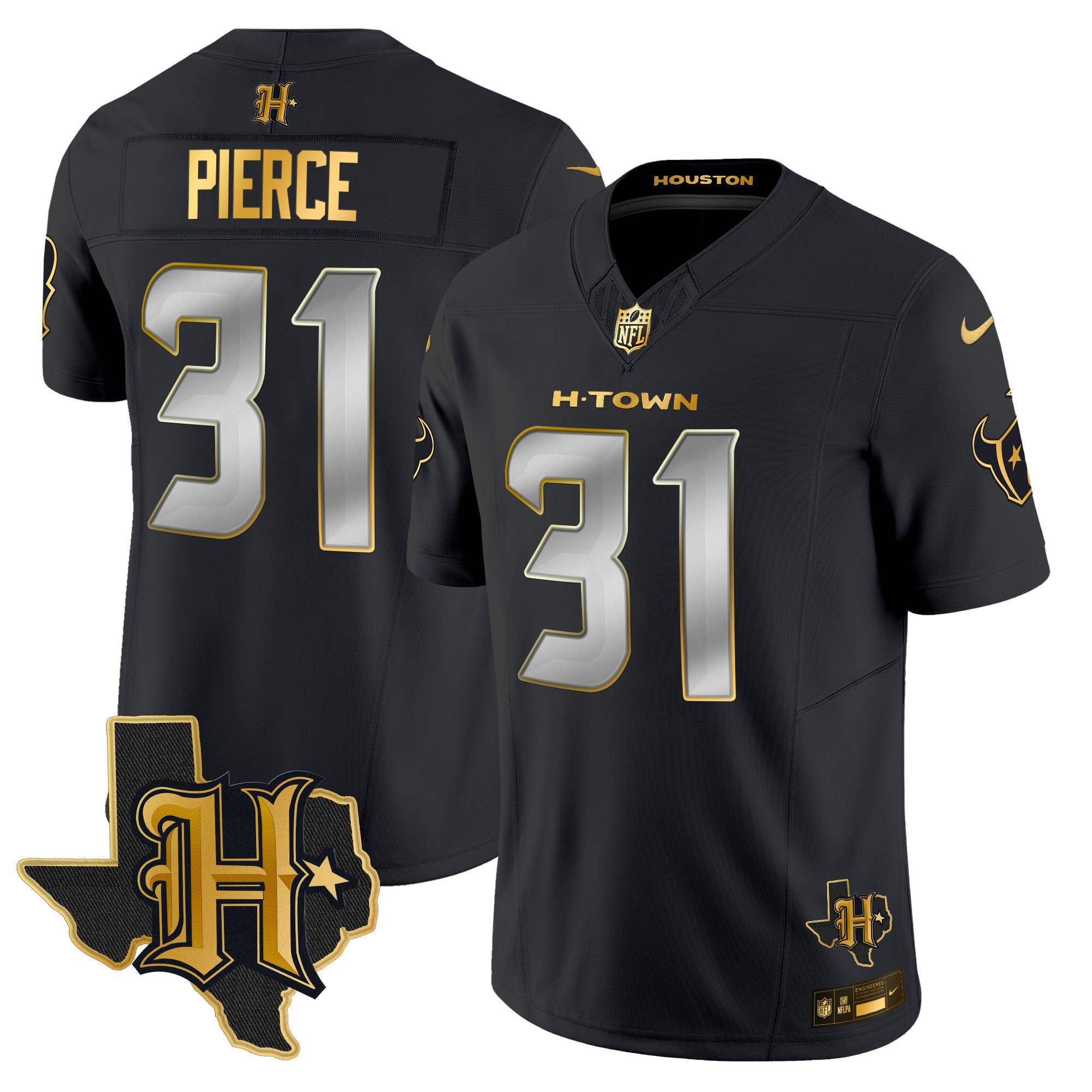 Dameon Pierce Men's Houston Texans 2024 Texas Patch Gold Vapor Limited Black Limited Jersey - All Stitched