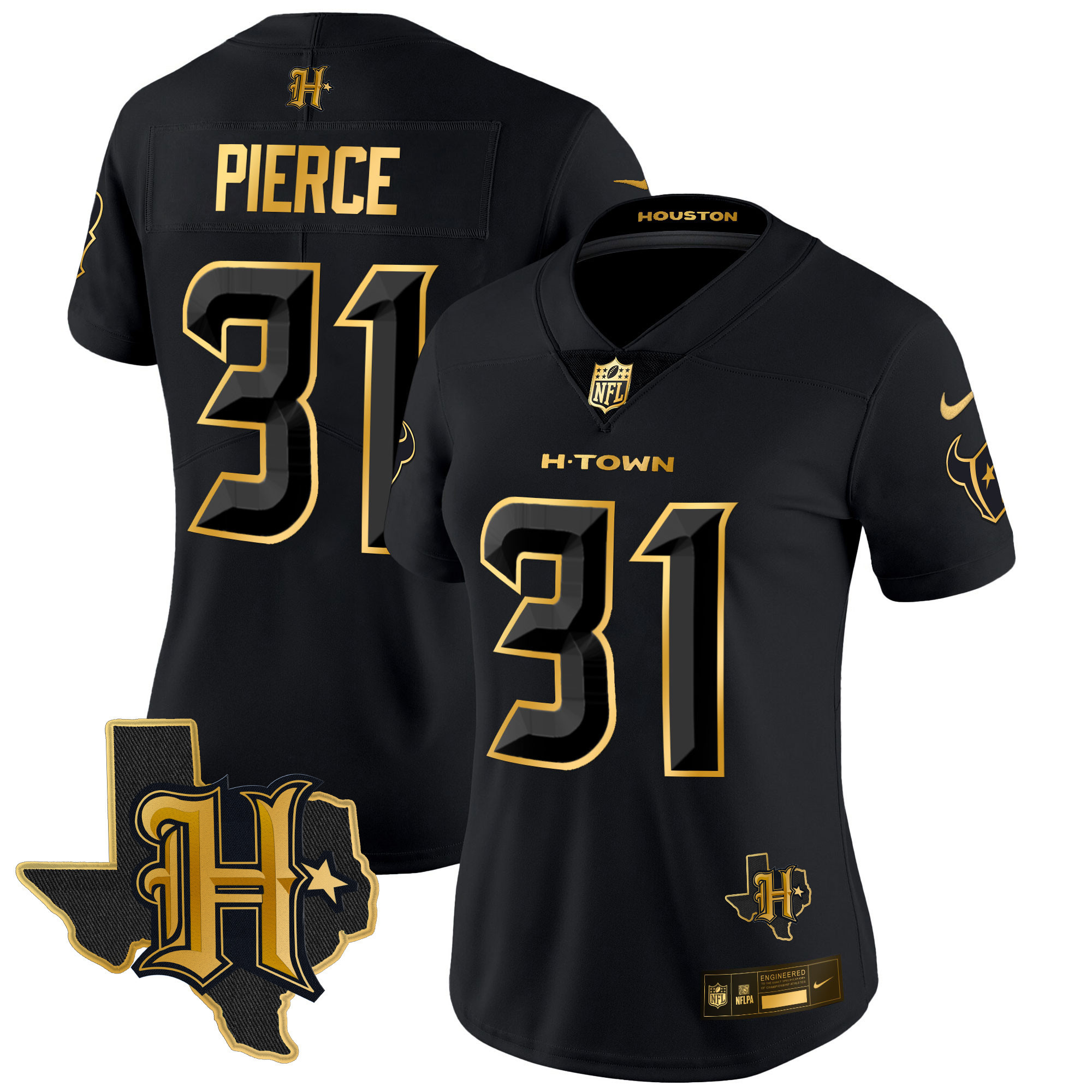 Dameon Pierce Women's Houston Texans 2024 Texas Patch Gold Vapor Limited Black Gold Jersey - All Stitched