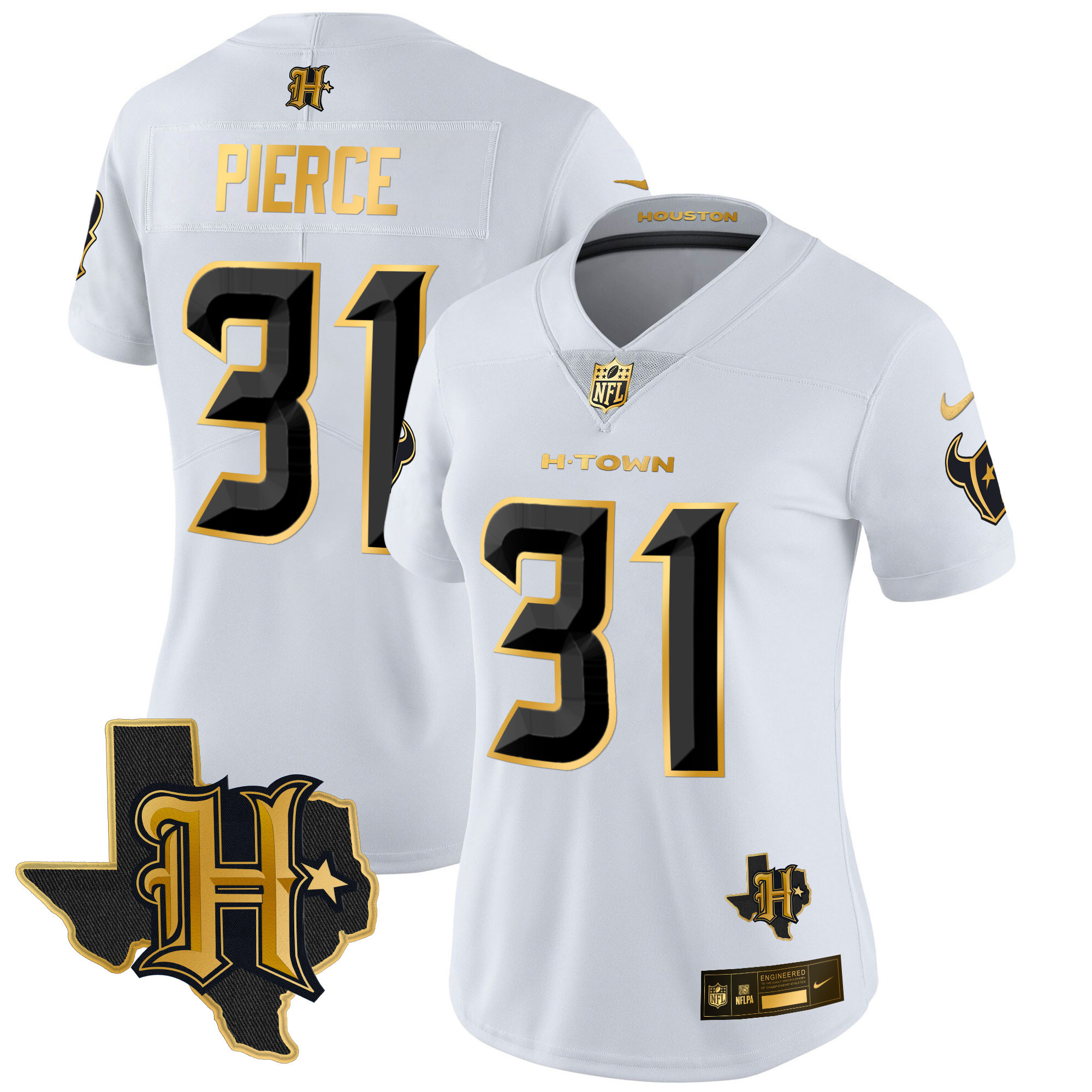 Dameon Pierce Women's Houston Texans 2024 Texas Patch Gold Vapor Limited White Gold Jersey - All Stitched