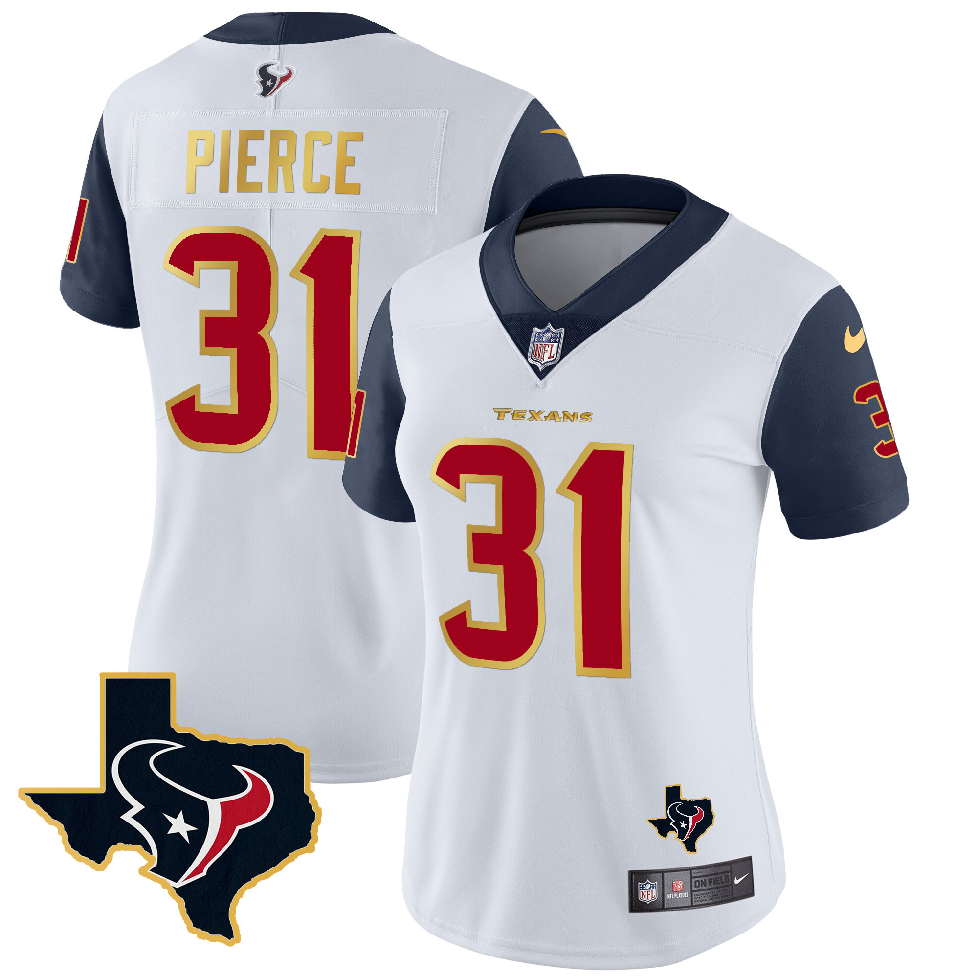 Dameon Pierce Women's Houston Texans Gold Trim Vapor Navy Sleeves Jersey - All Stitched