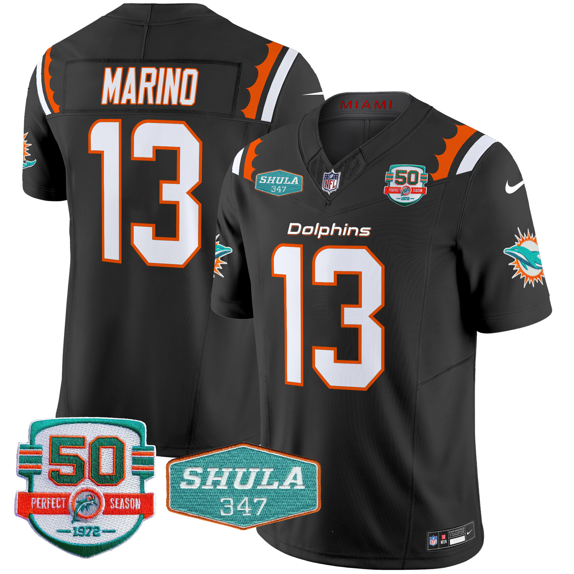 Dan Marino Men's Miami Dolphins 50th & Don Shula 347 Memorial Patch Vapor Limited Black Jersey - All Stitched