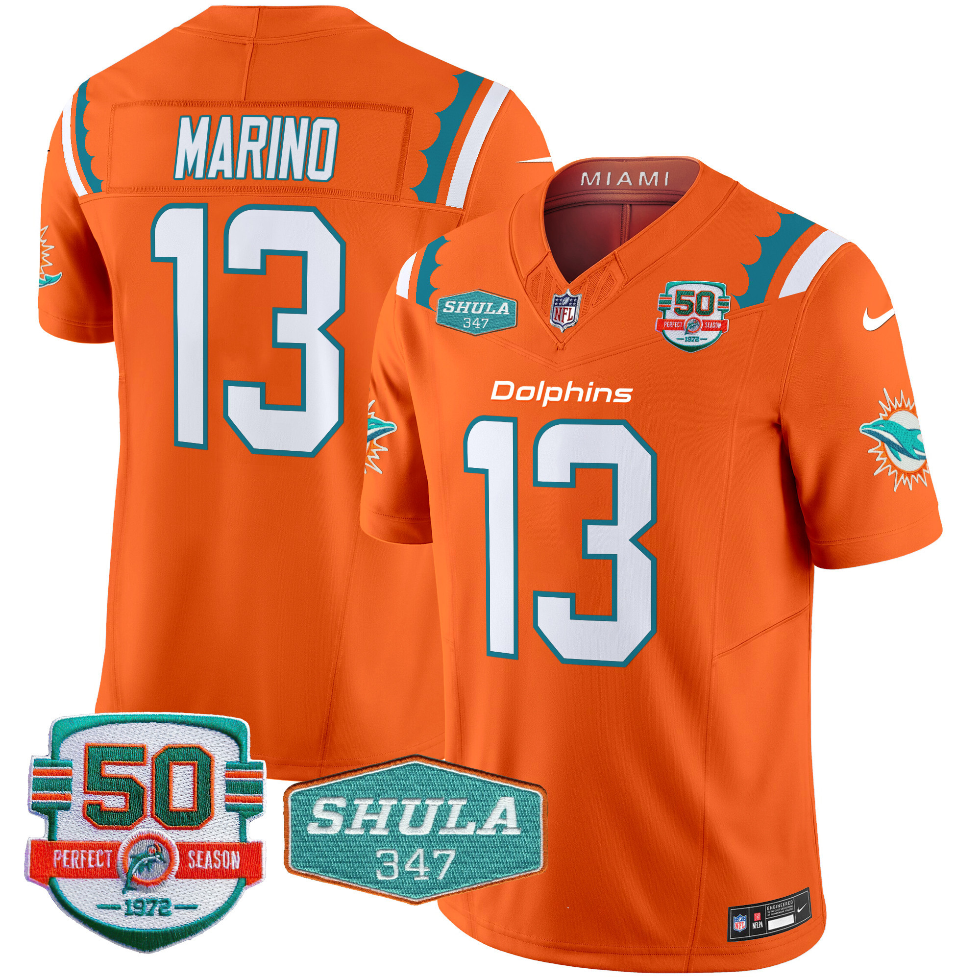 Dan Marino Men's Miami Dolphins 50th & Don Shula 347 Memorial Patch Vapor Limited Orange Jersey - All Stitched