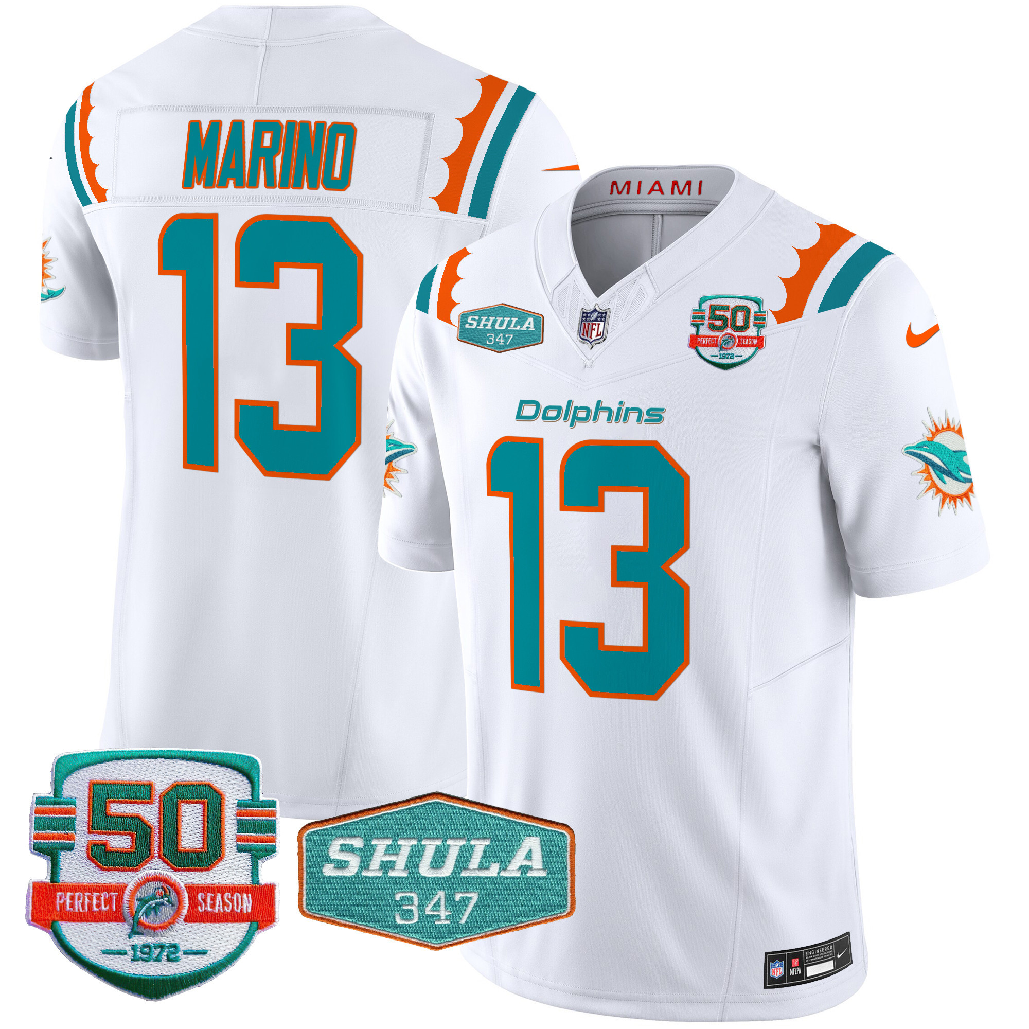 Dan Marino Men's Miami Dolphins 50th & Don Shula 347 Memorial Patch Vapor Limited White Jersey - All Stitched