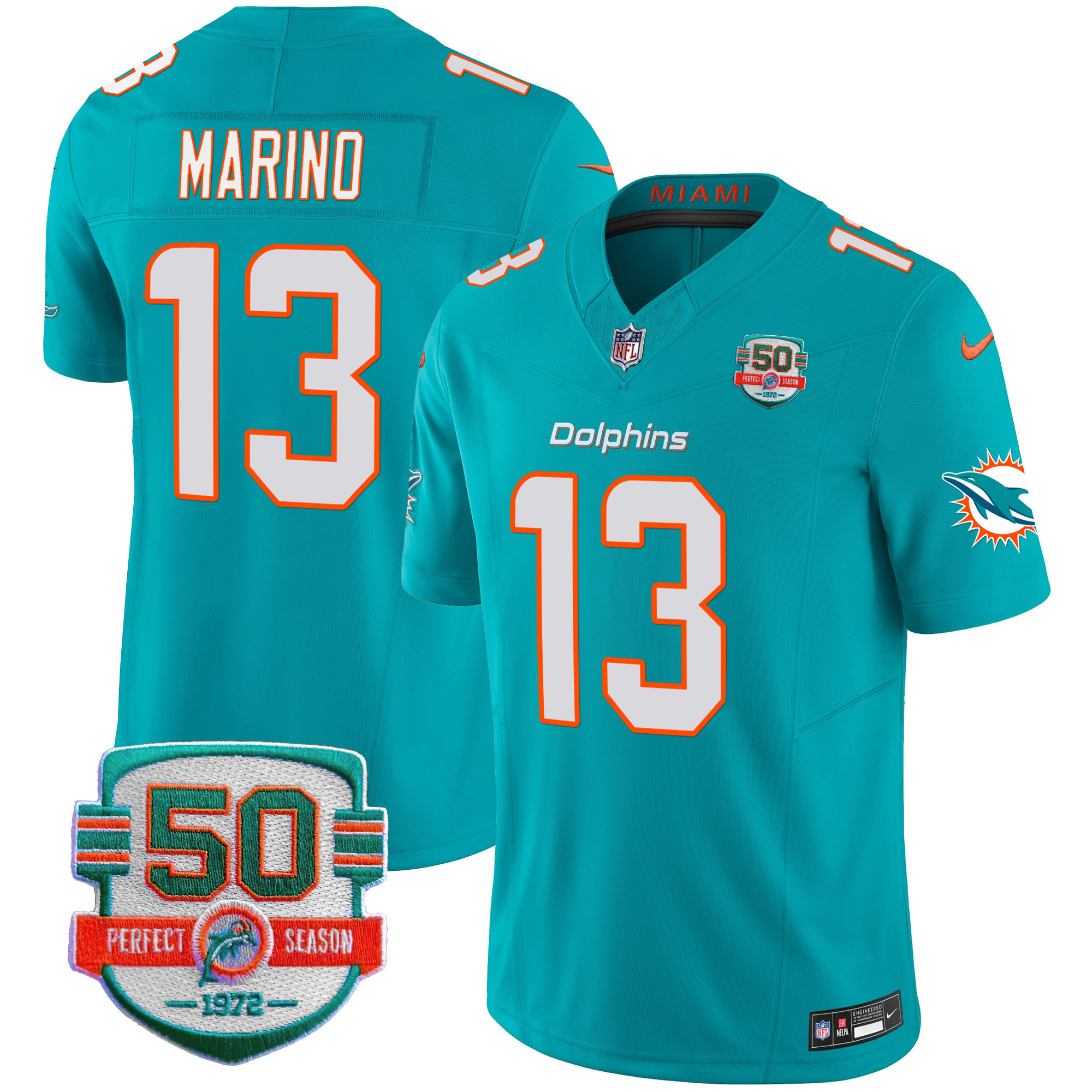 Dan Marino Men's Miami Dolphins 50th 1972 Perfect Season Patch Vapor Aqua Jersey - All Stitched