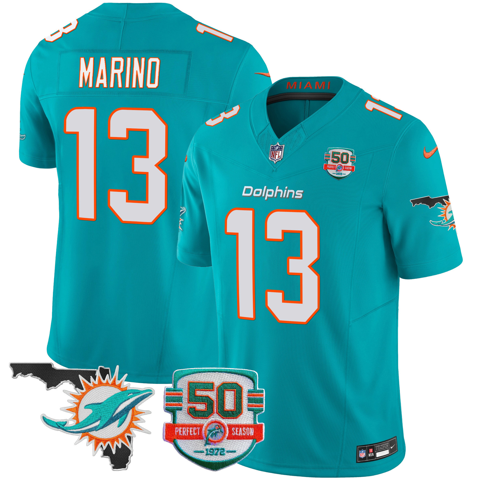 Dan Marino Men's Miami Dolphins 50th Perfect Season & Florida Patch Vapor Aqua Jersey - All Stitched