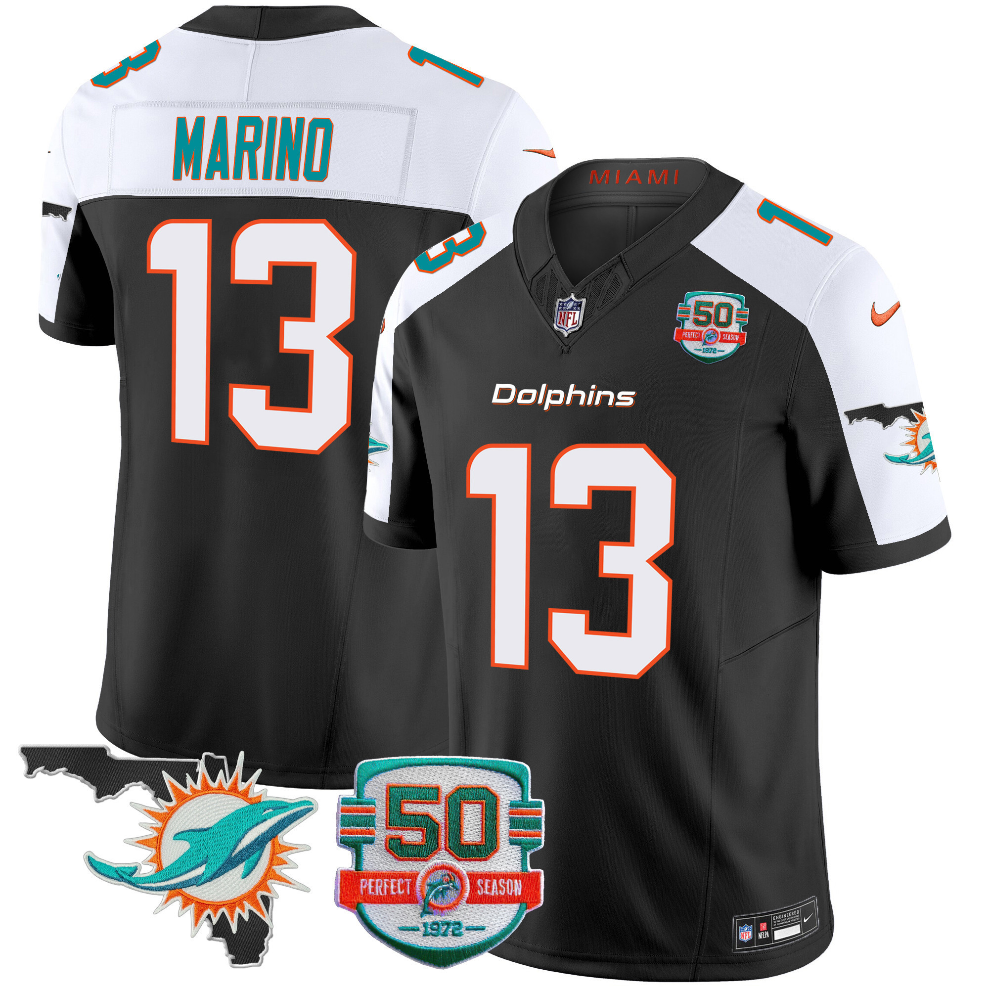 Dan Marino Men's Miami Dolphins 50th Perfect Season & Florida Patch Vapor Black Alternate Jersey - All Stitched