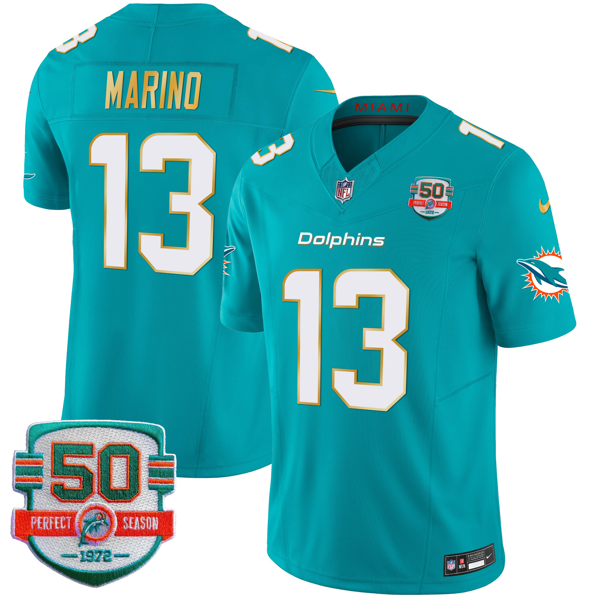 Dan Marino Men's Miami Dolphins Gold Trim Vapor Limited Aqua Jersey - All Stitched