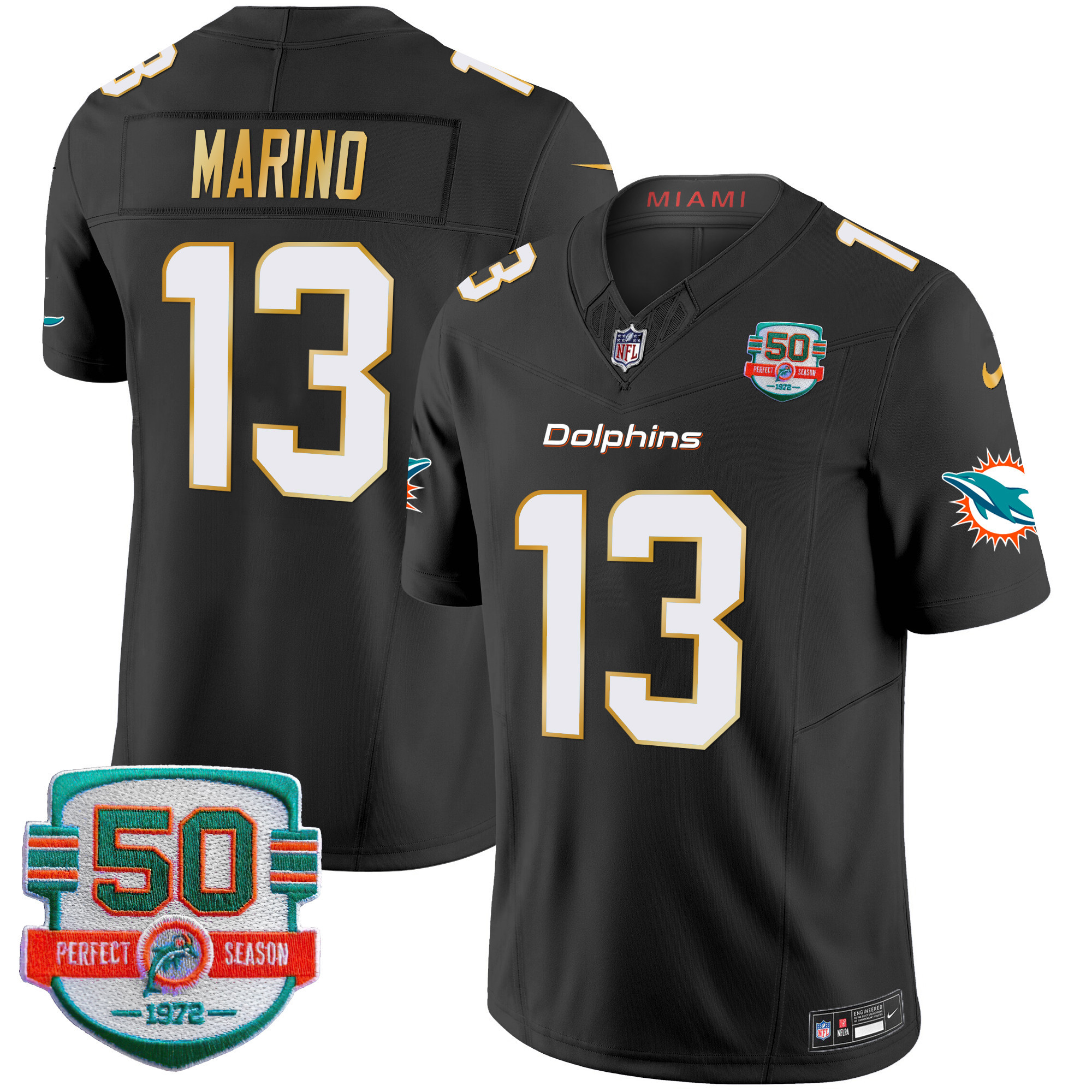 Dan Marino Men's Miami Dolphins Gold Trim Vapor Limited Black Jersey - All Stitched