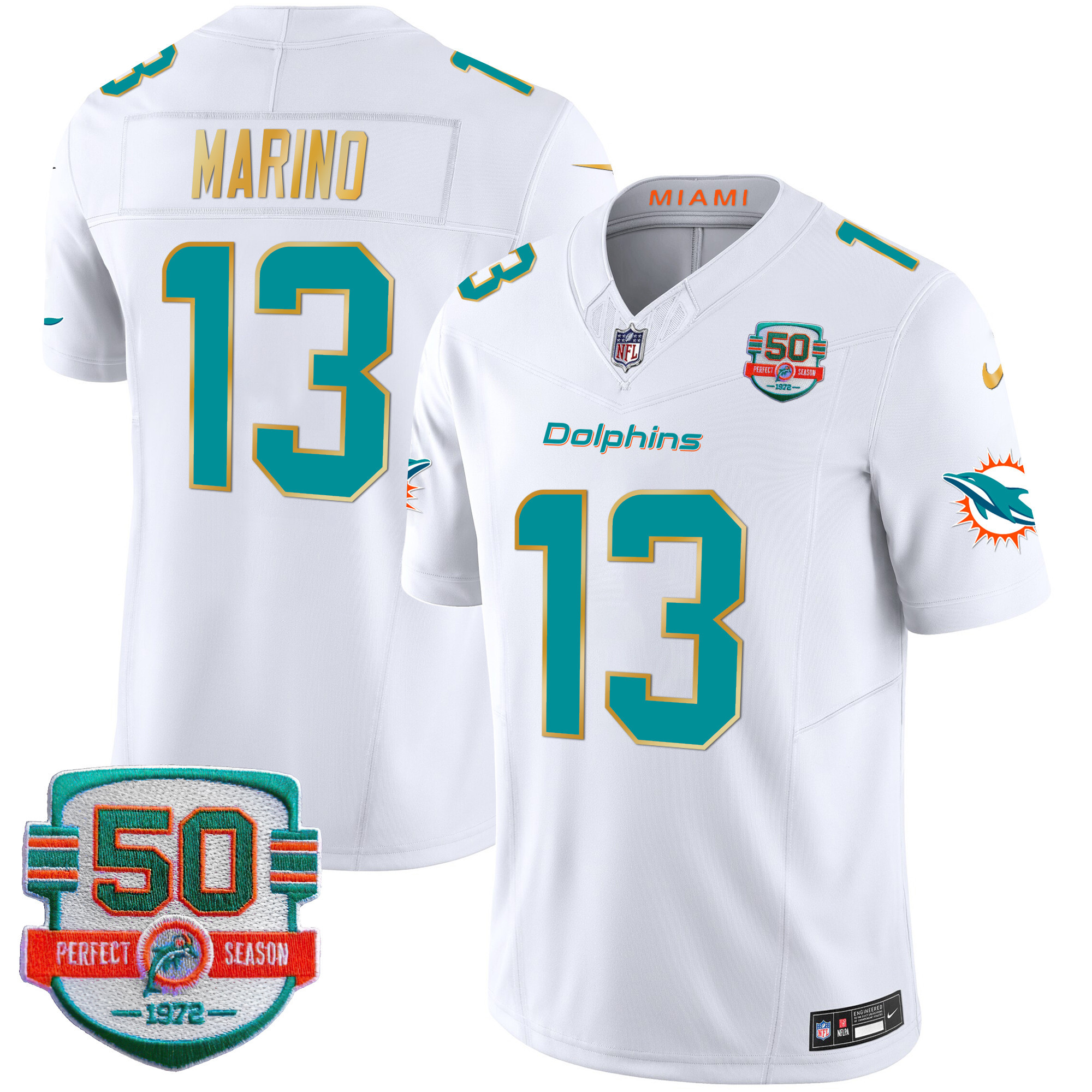 Dan Marino Men's Miami Dolphins Gold Trim Vapor Limited White Jersey - All Stitched