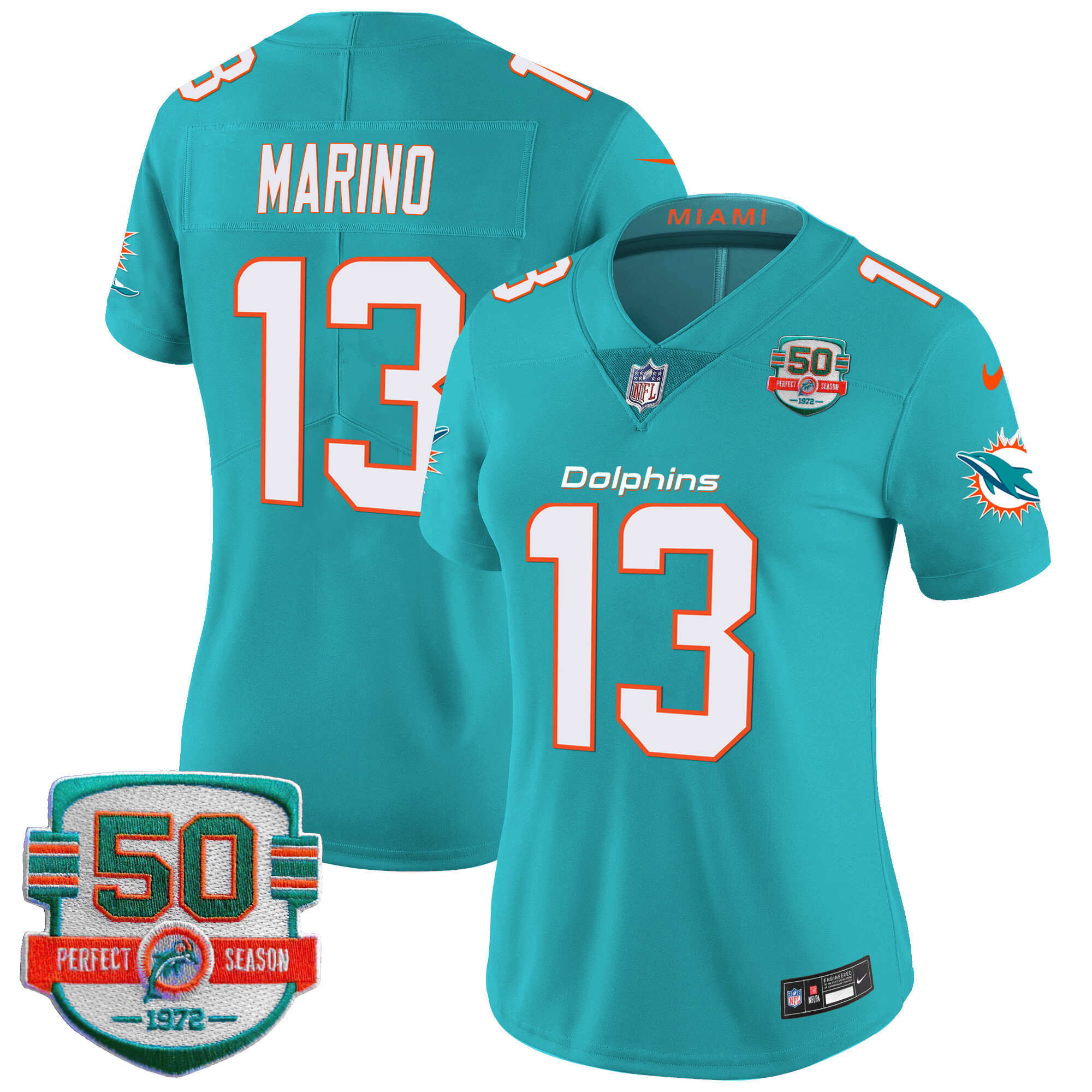 Dan Marino Women's Miami Dolphins 50th 1972 Perfect Season Patch Vapor Aqua Jersey - All Stitched