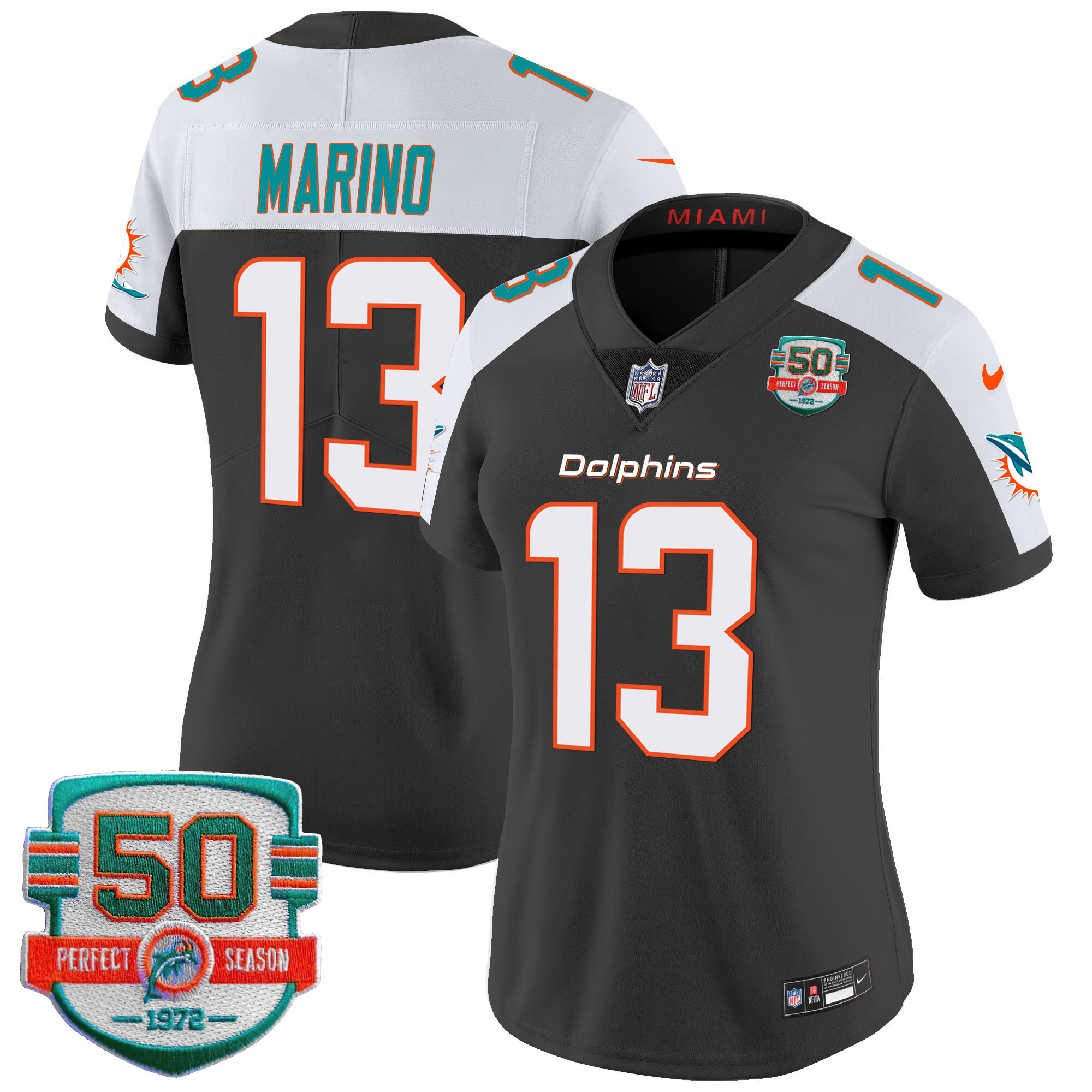 Dan Marino Women's Miami Dolphins 50th 1972 Perfect Season Patch Vapor Black Alternate Jersey - All Stitched