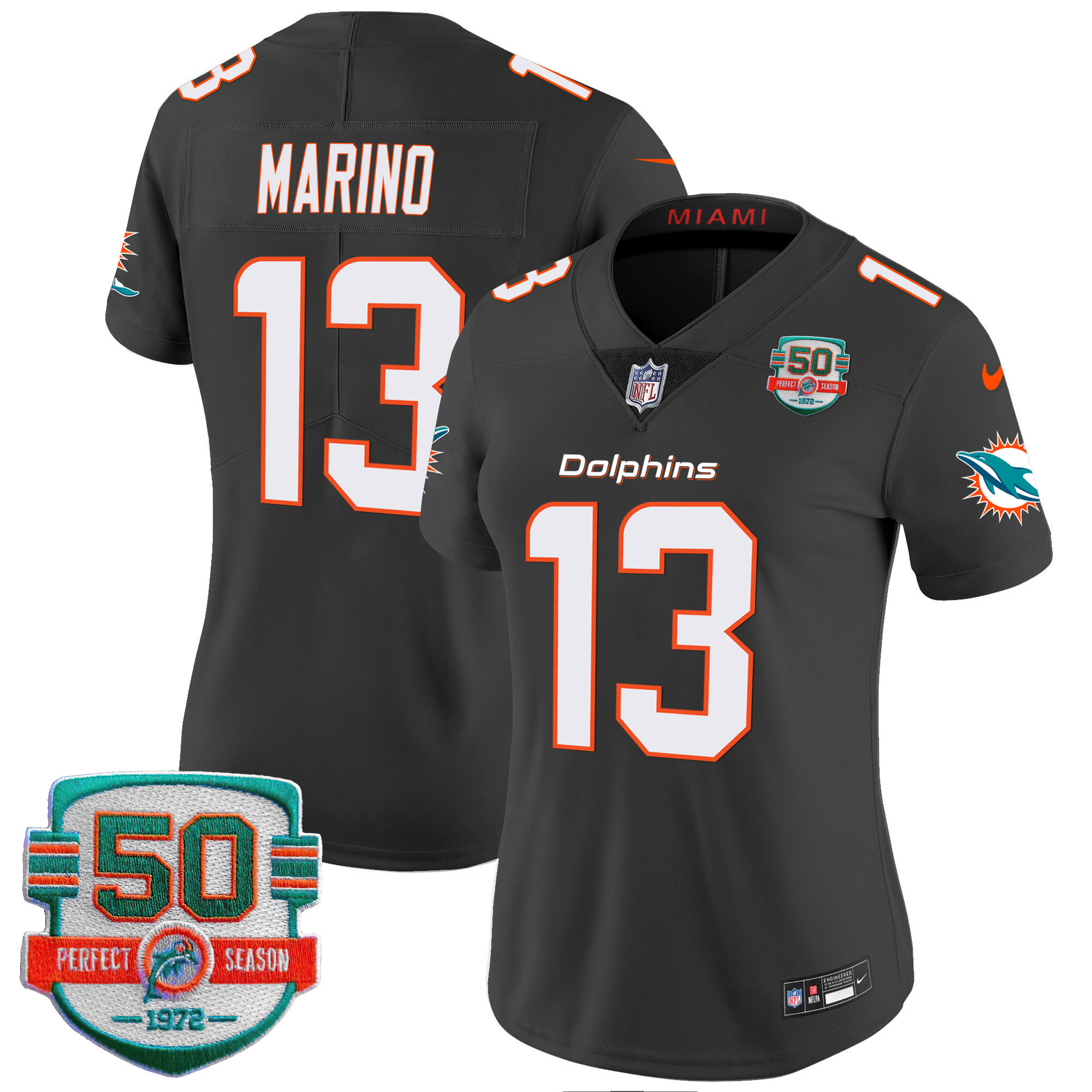 Dan Marino Women's Miami Dolphins 50th 1972 Perfect Season Patch Vapor Black Jersey - All Stitched