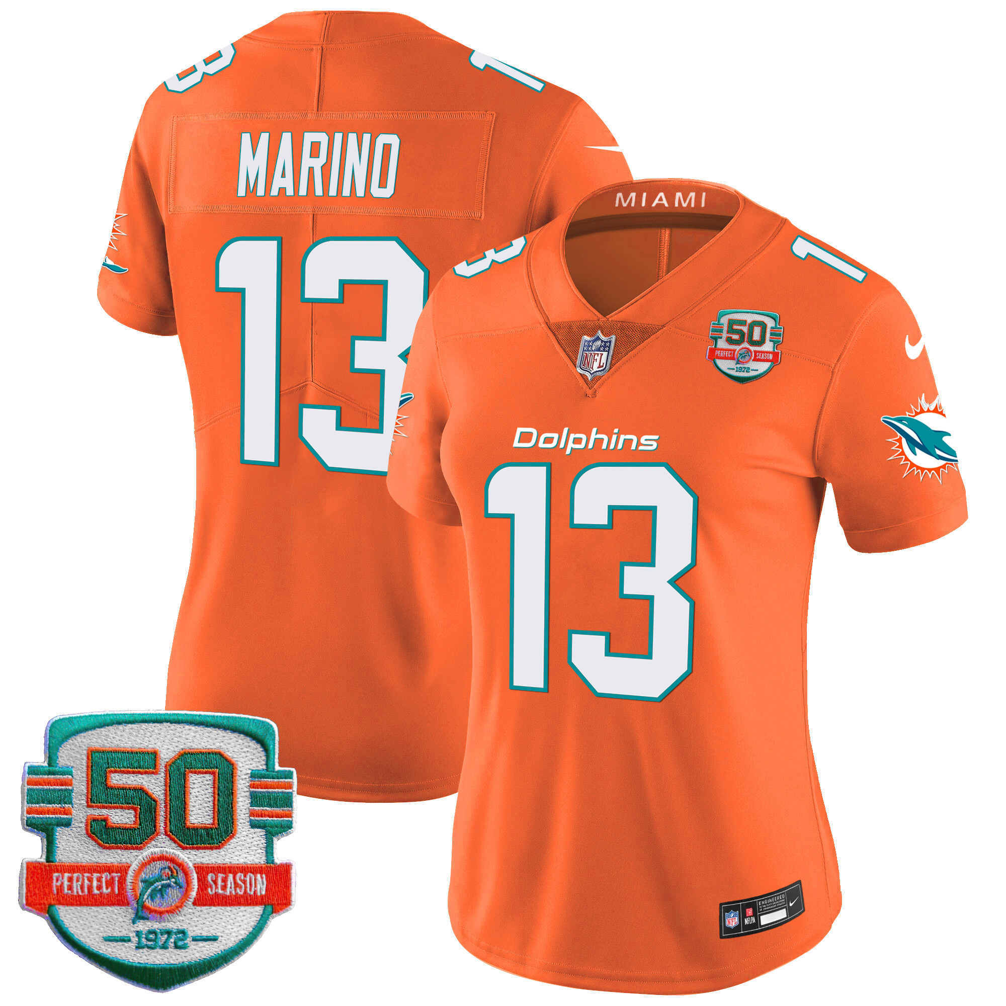 Dan Marino Women's Miami Dolphins 50th 1972 Perfect Season Patch Vapor Orange Jersey - All Stitched