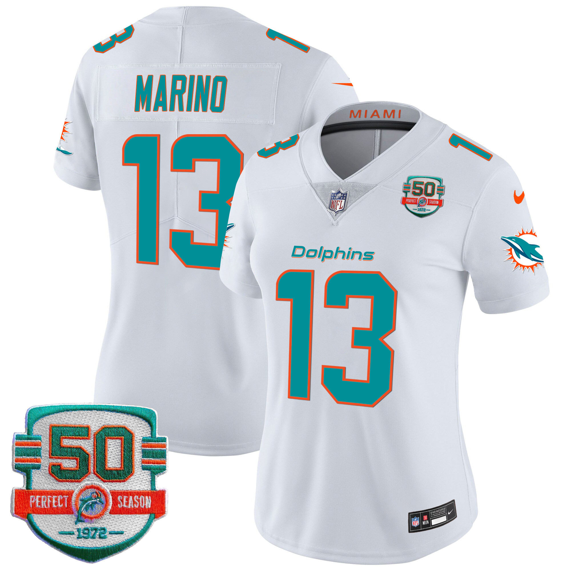 Dan Marino Women's Miami Dolphins 50th 1972 Perfect Season Patch Vapor White Jersey - All Stitched