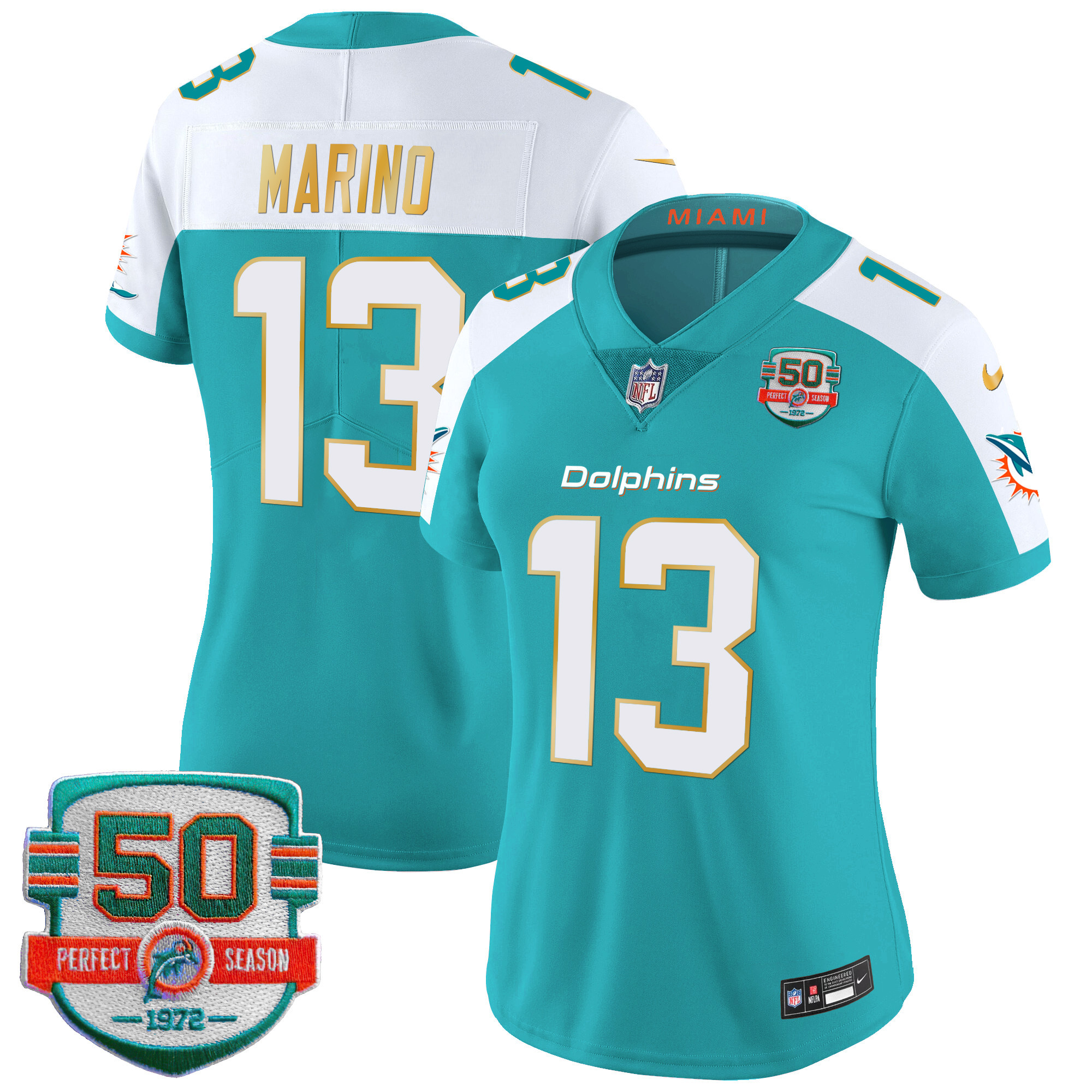 Dan Marino Women's Miami Dolphins Gold Trim Vapor Limited Aqua Alternate Jersey - All Stitched