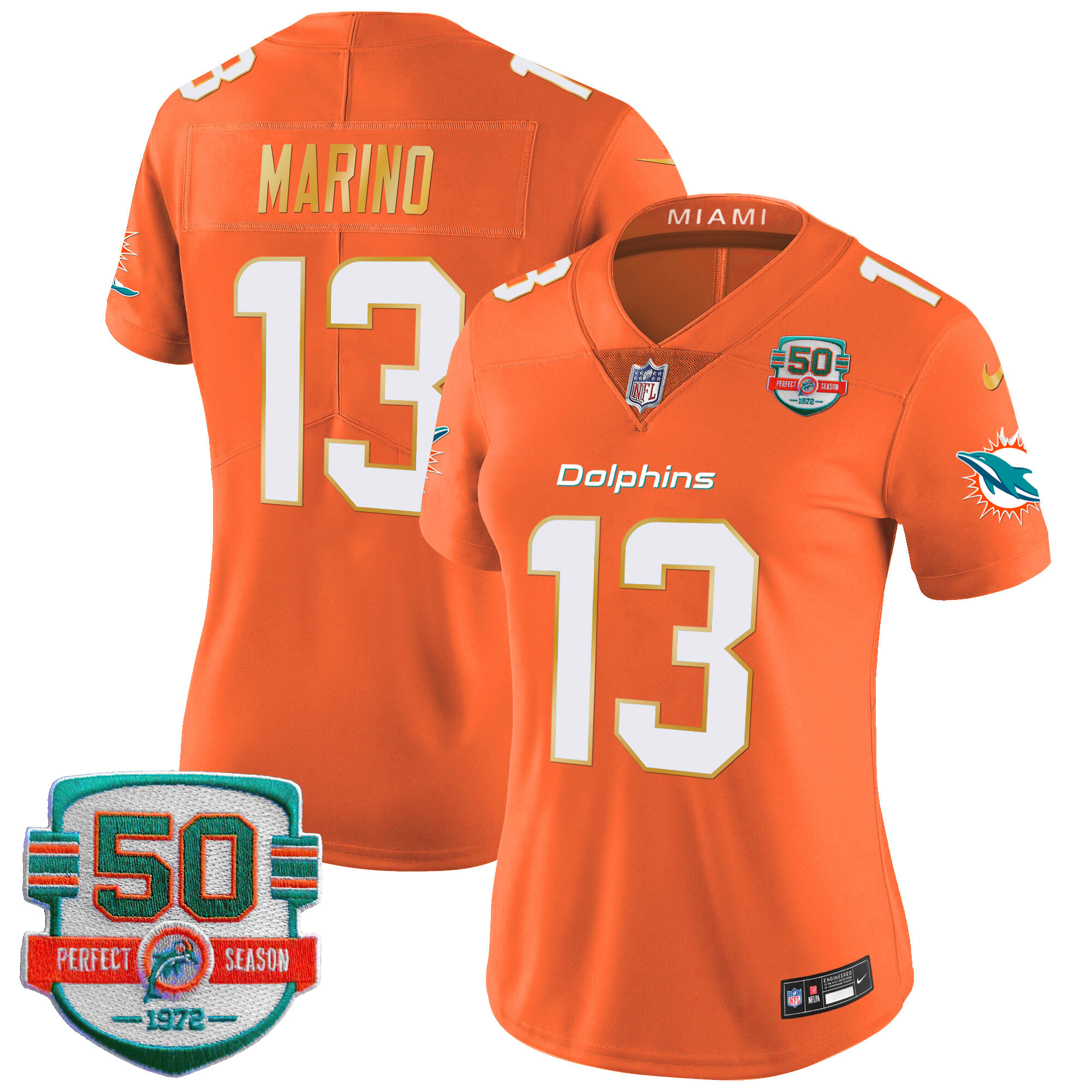 Dan Marino Women's Miami Dolphins Gold Trim Vapor Limited Orange Jersey - All Stitched