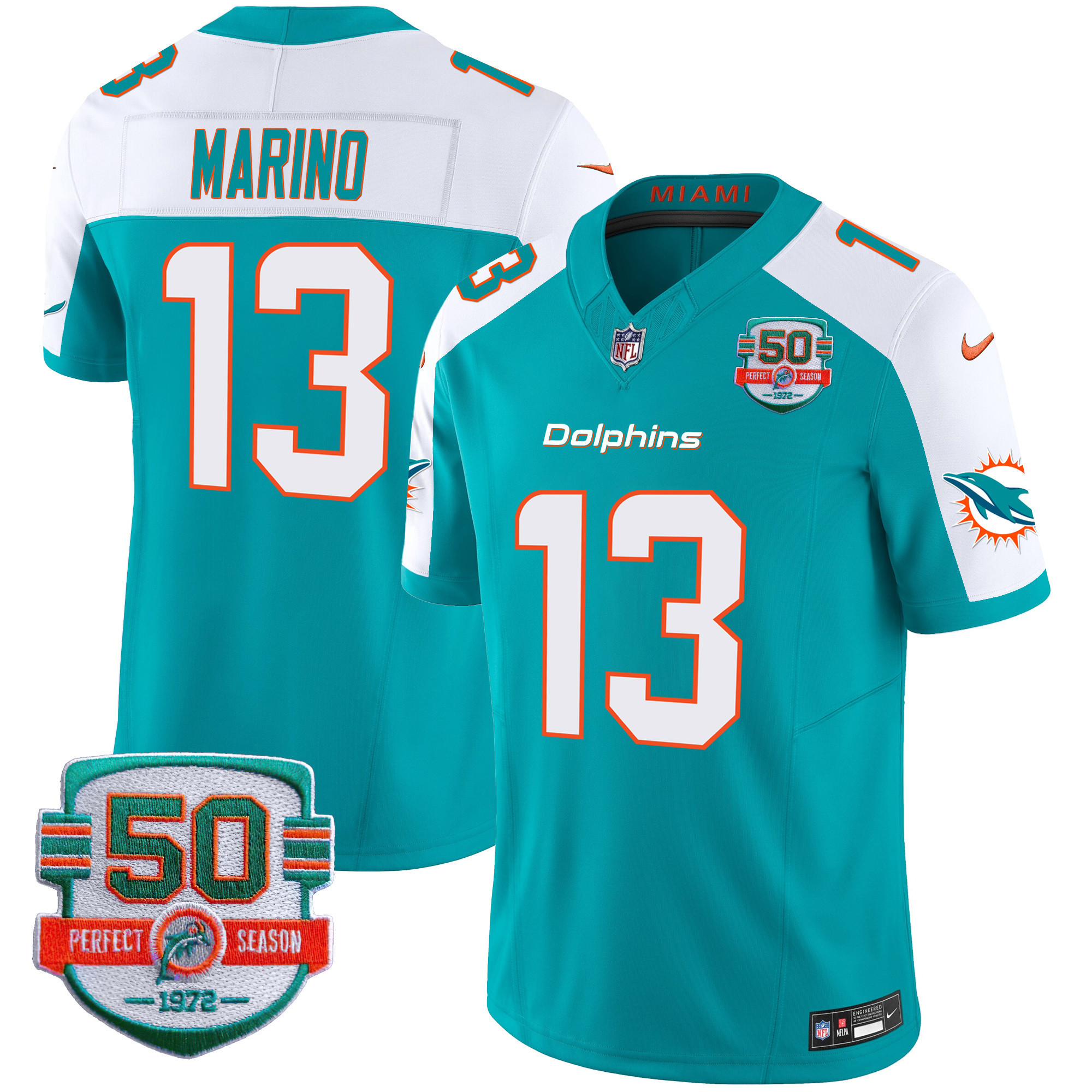 Dan Marino Youth's Miami Dolphins 50th 1972 Perfect Season Patch Vapor Aqua Alternate Jersey - All Stitched