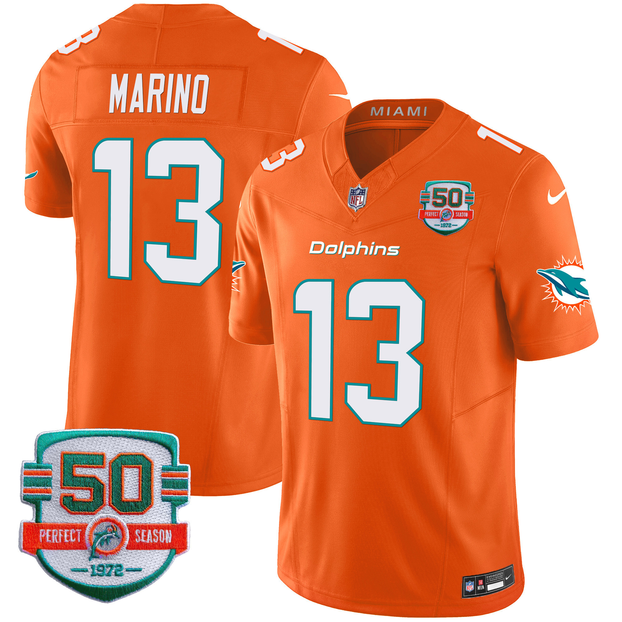 Dan Marino Youth's Miami Dolphins 50th 1972 Perfect Season Patch Vapor Orange Jersey - All Stitched