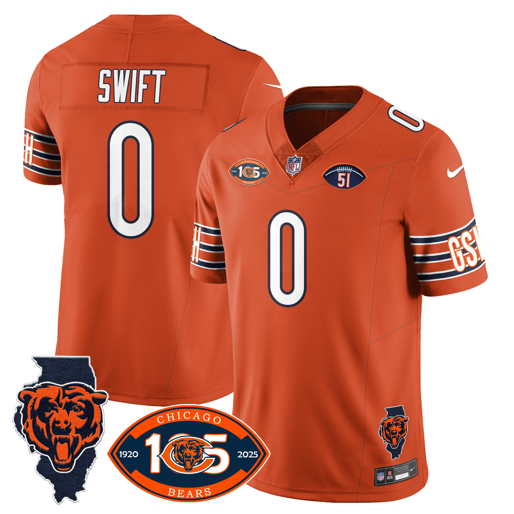 D'Andre Swift Men's Chicago Bears 1920-2025 The Chicago Bears Vapor Limited Orange Jersey - All Stitched