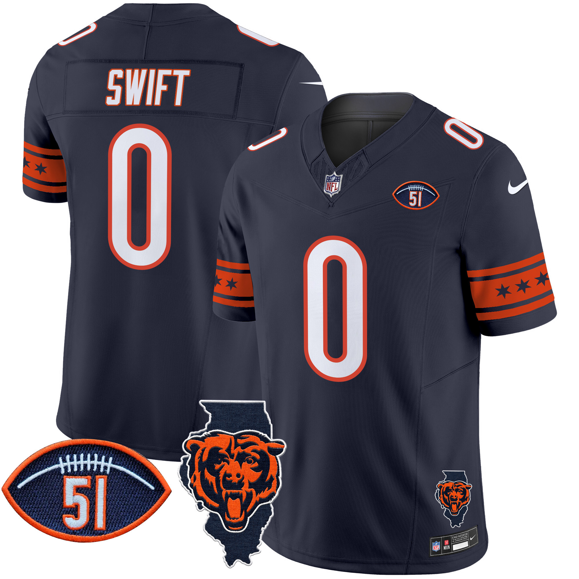 D'Andre Swift Men's Chicago Bears Illinois & Dick Butkus Patch Vapor Limited Navy Jersey - All Stitched