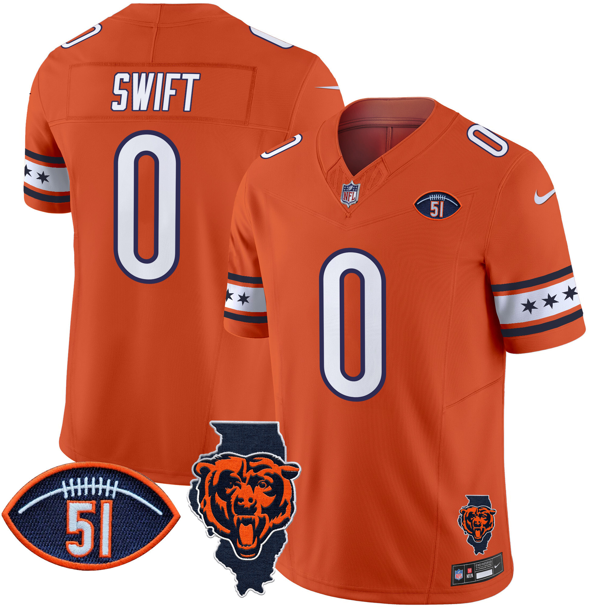 D'Andre Swift Men's Chicago Bears Illinois & Dick Butkus Patch Vapor Limited Orange Jersey - All Stitched