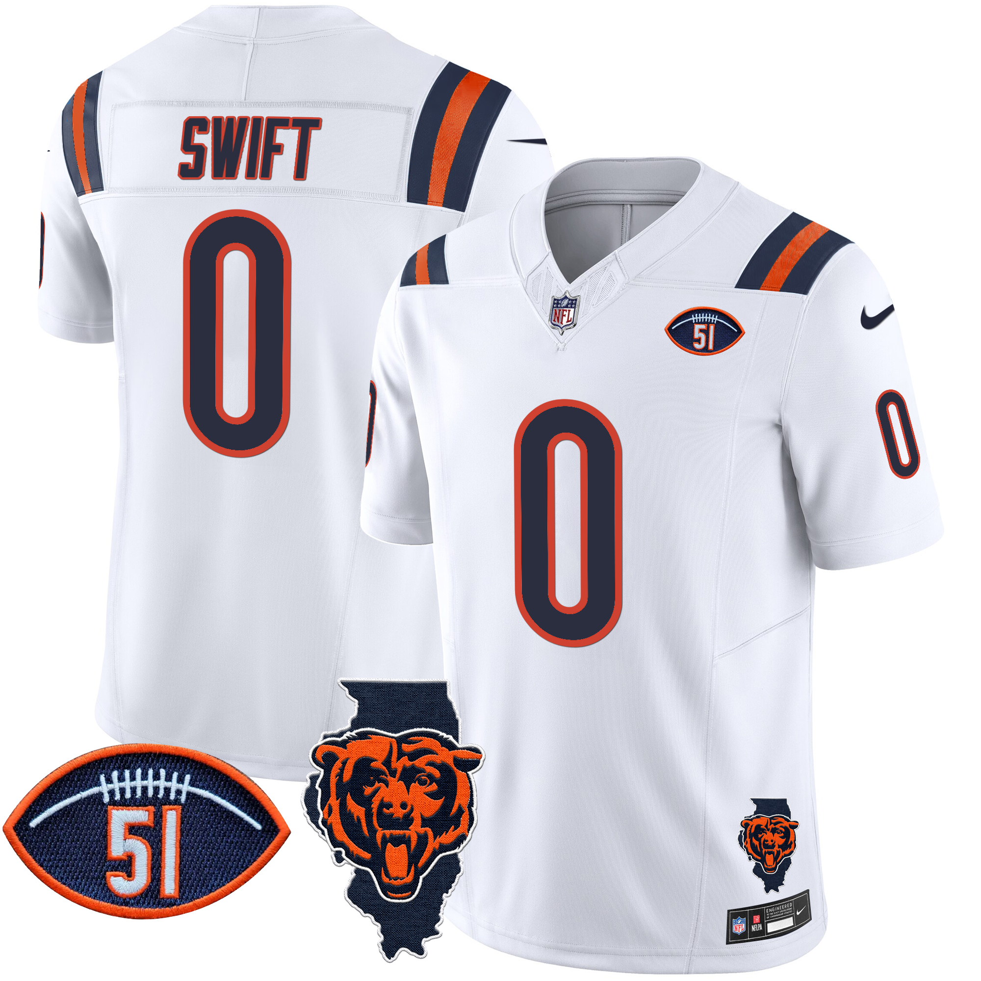 D'Andre Swift Men's Chicago Bears Illinois Patch Vapor Limited White Jersey - All Stitched