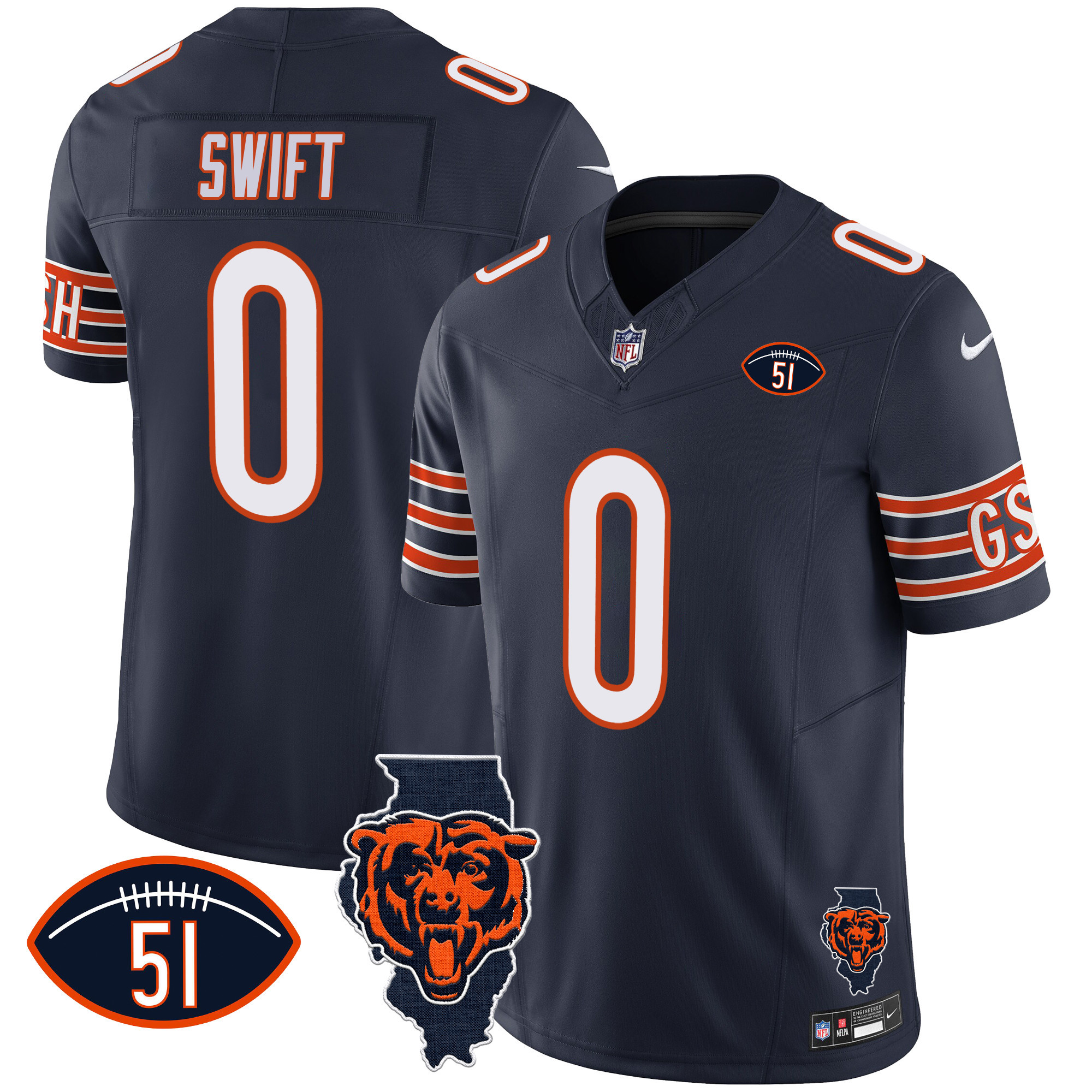 D'Andre Swift Men's Chicago Bears Illinois Patch Vapor Navy Jersey - All Stitched