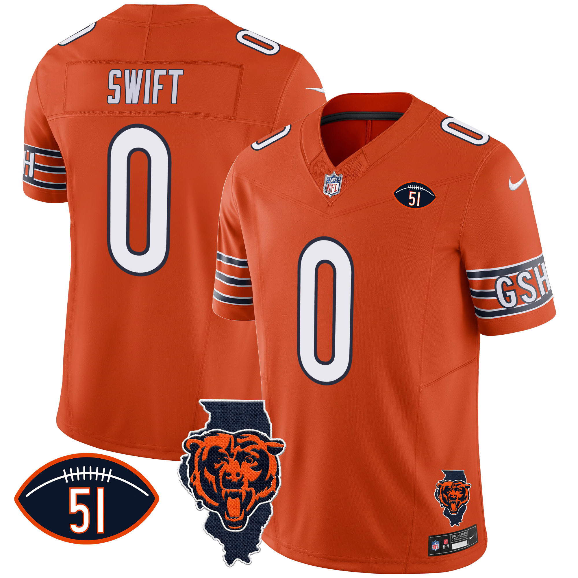 D'Andre Swift Men's Chicago Bears Illinois Patch Vapor Orange Jersey - All Stitched