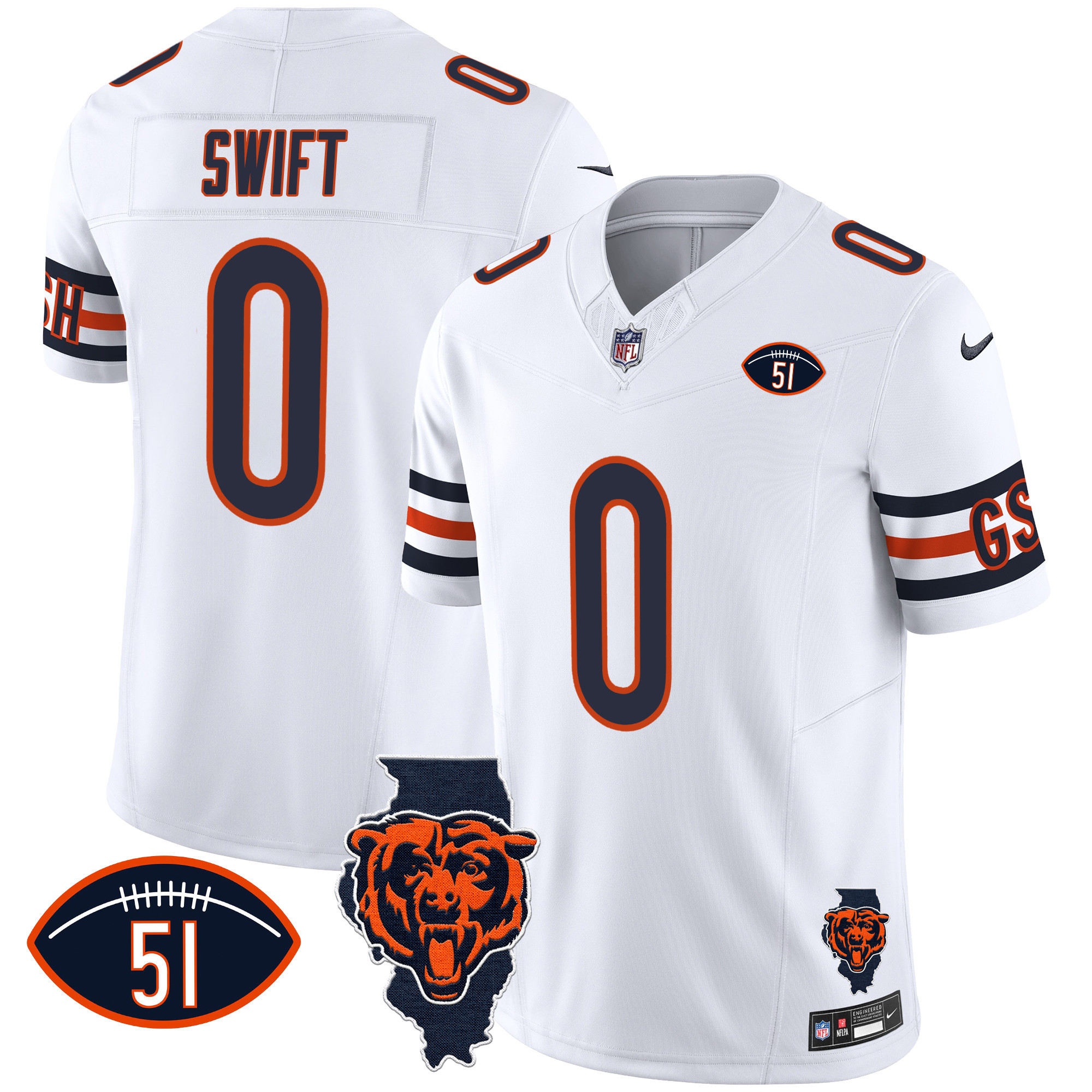 D'Andre Swift Men's Chicago Bears Illinois Patch Vapor White Jersey - All Stitched