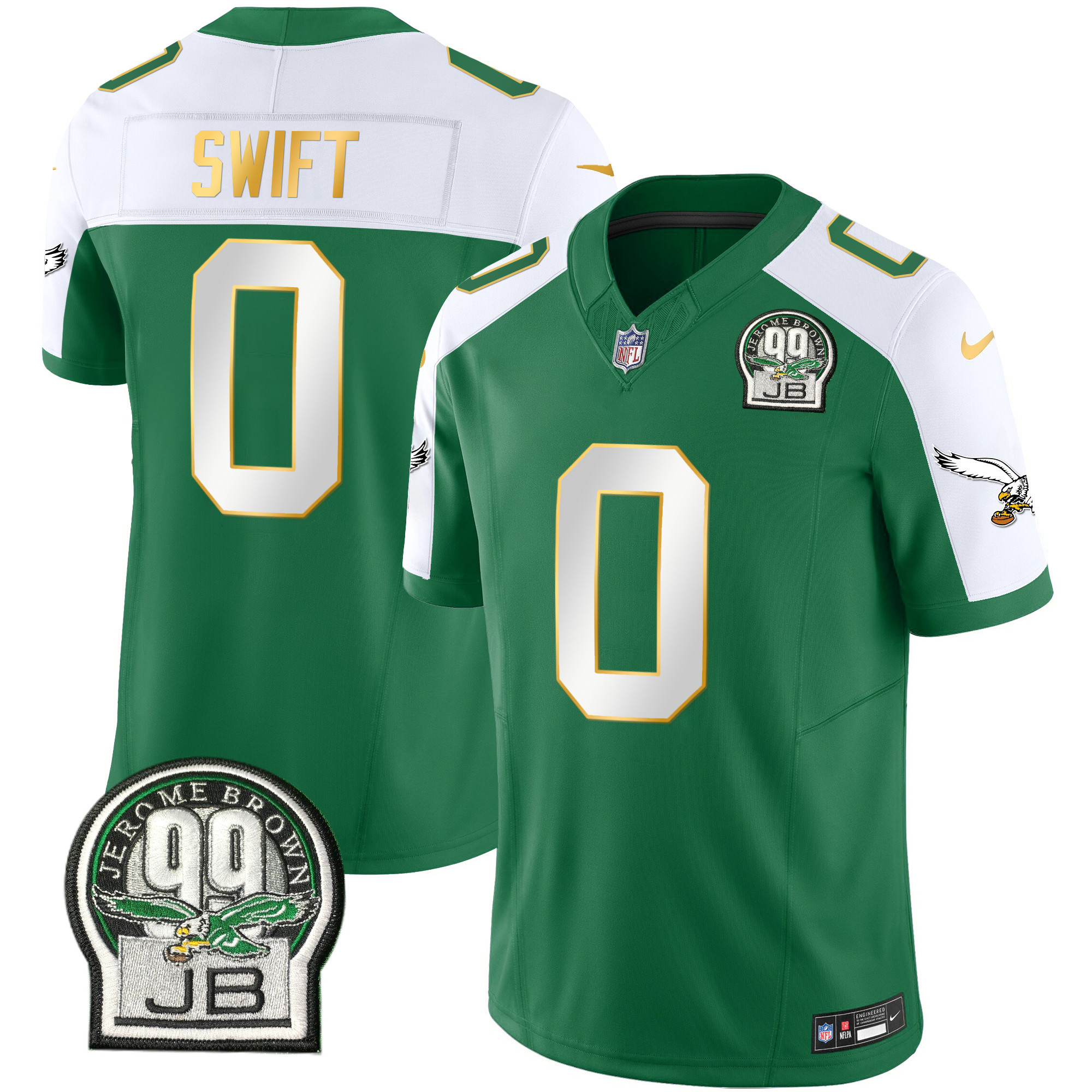 D'Andre Swift Men's Philadelphia Eagles Jerome Brown Patch Kelly Green Gold Trim Kelly Alternate Jersey - All Stitched