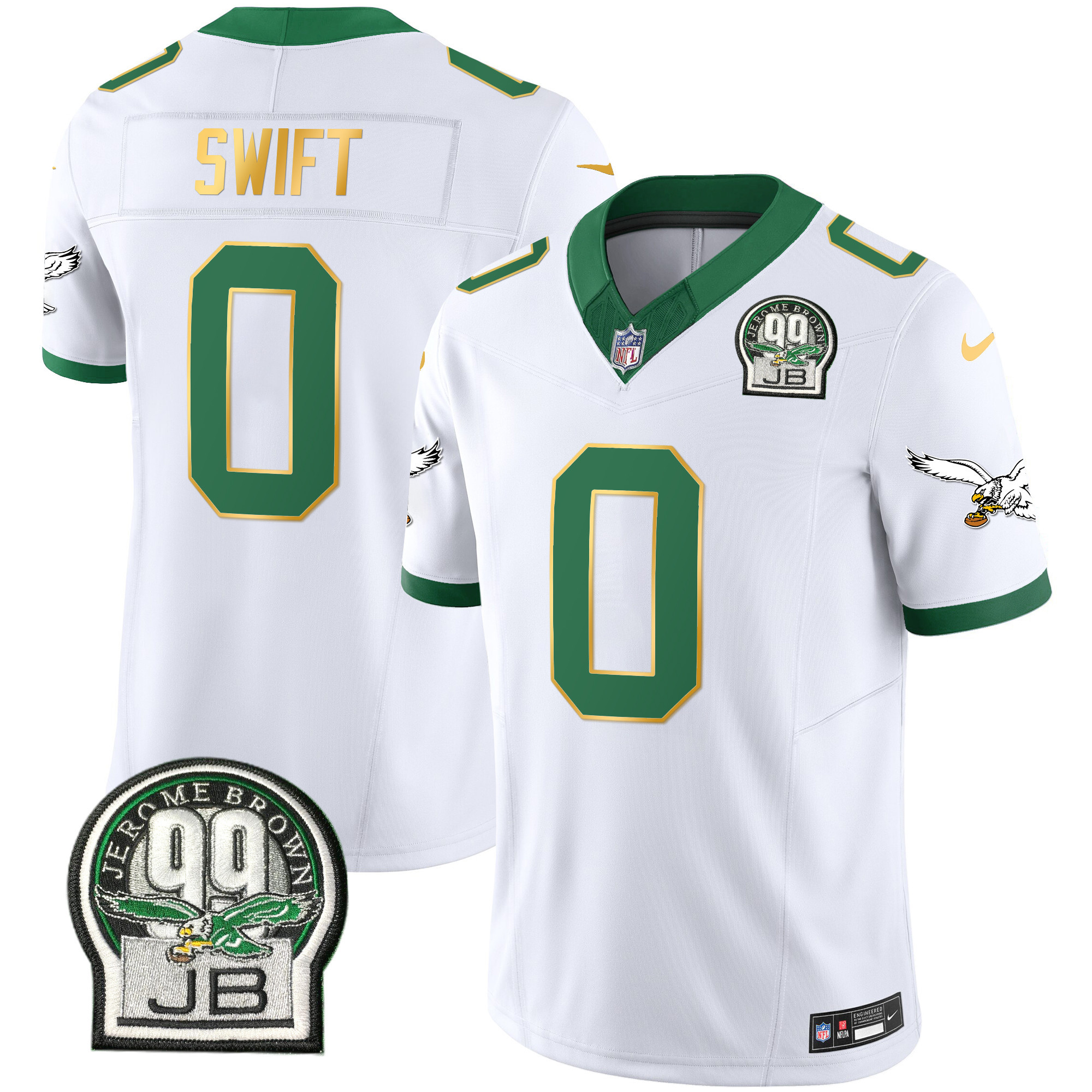 D'Andre Swift Men's Philadelphia Eagles Jerome Brown Patch Kelly Green Gold Trim Kelly White Jersey - All Stitched