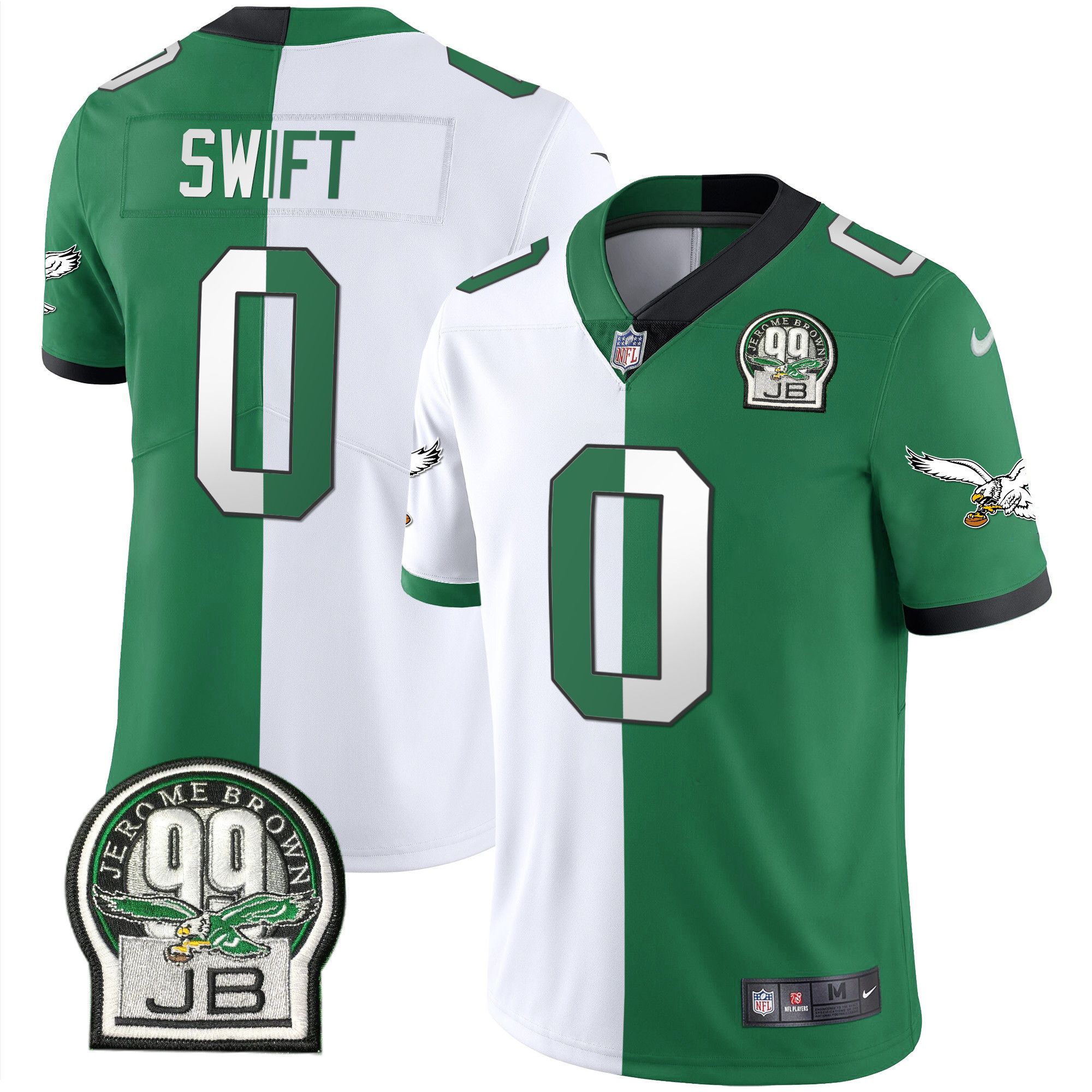 D'Andre Swift Men's Philadelphia Eagles Jerome Brown Retired Patch Gold & Kelly Split Jersey - All Stitched