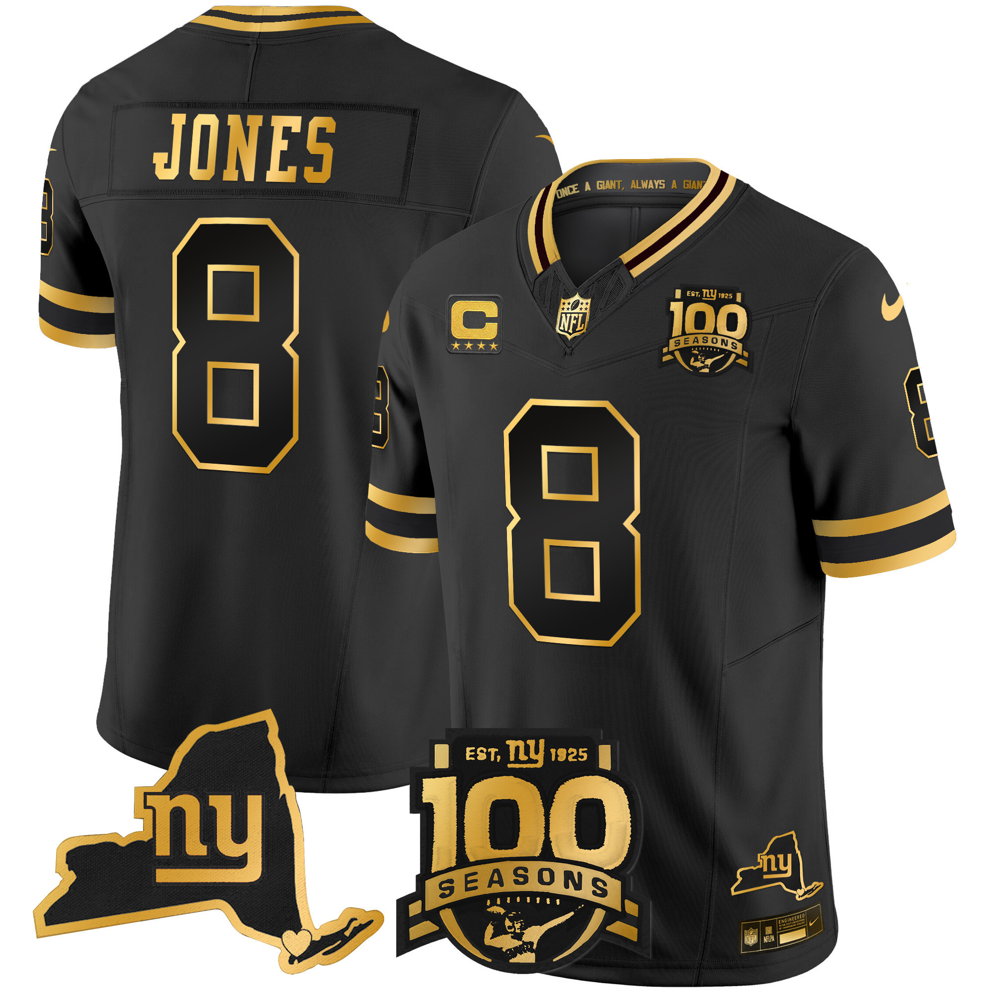 Daniel Jones Men's New York Giants 100th Season & State Patch Gold Vapor Limited Black Gold Jersey - All Stitched