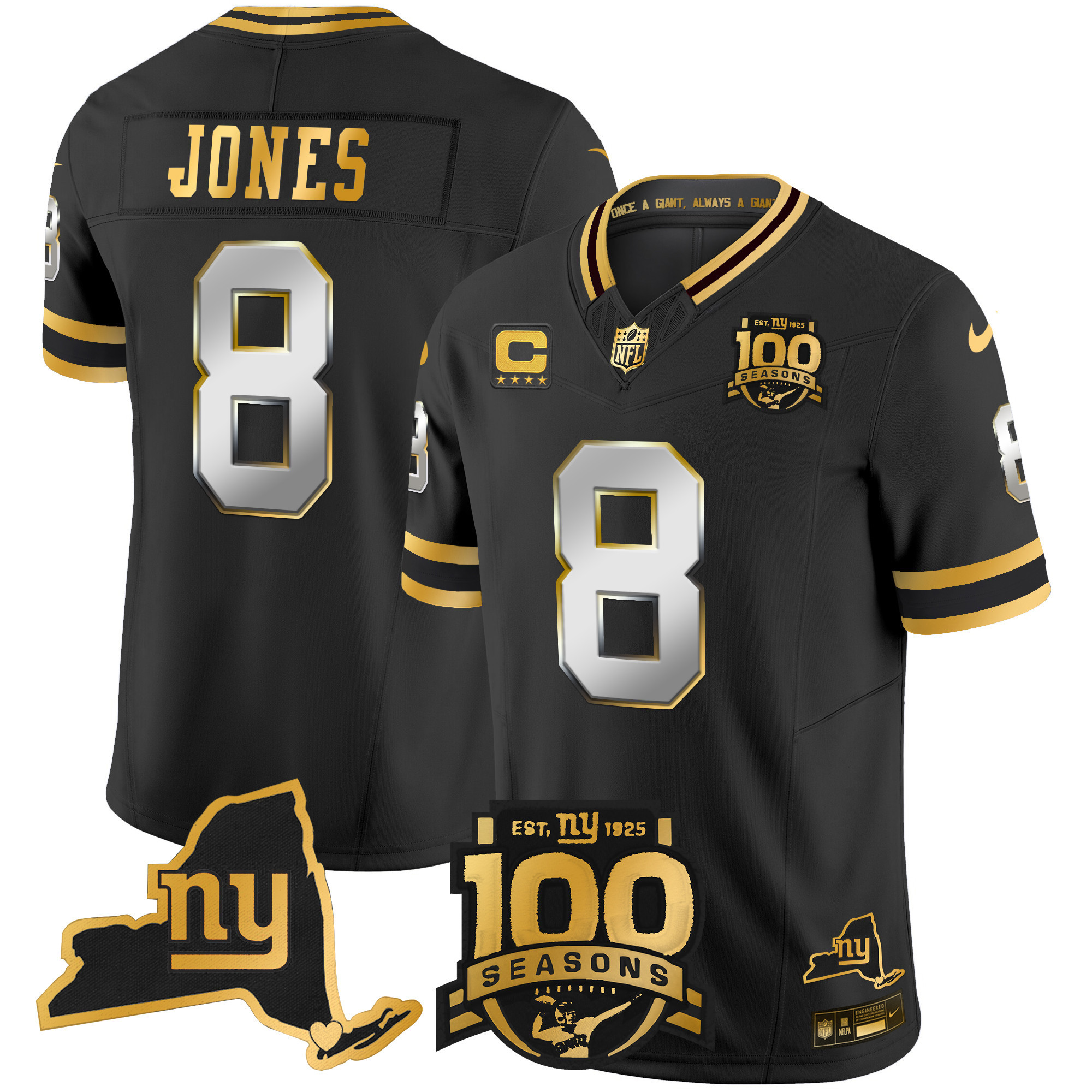 Daniel Jones Men's New York Giants 100th Season & State Patch Gold Vapor Limited Black Limited Jersey - All Stitched