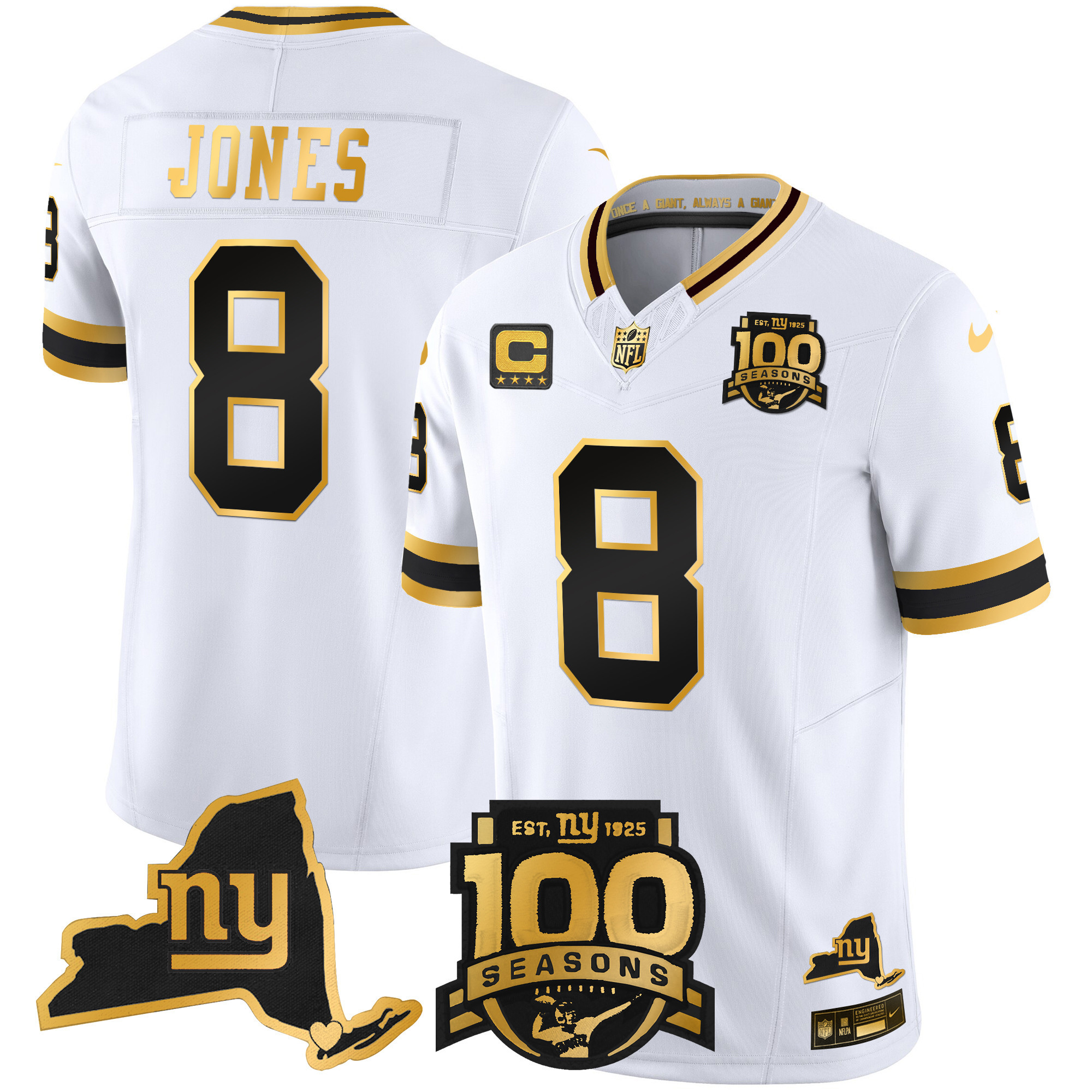 Daniel Jones Men's New York Giants 100th Season & State Patch Gold Vapor Limited White Gold Jersey - All Stitched