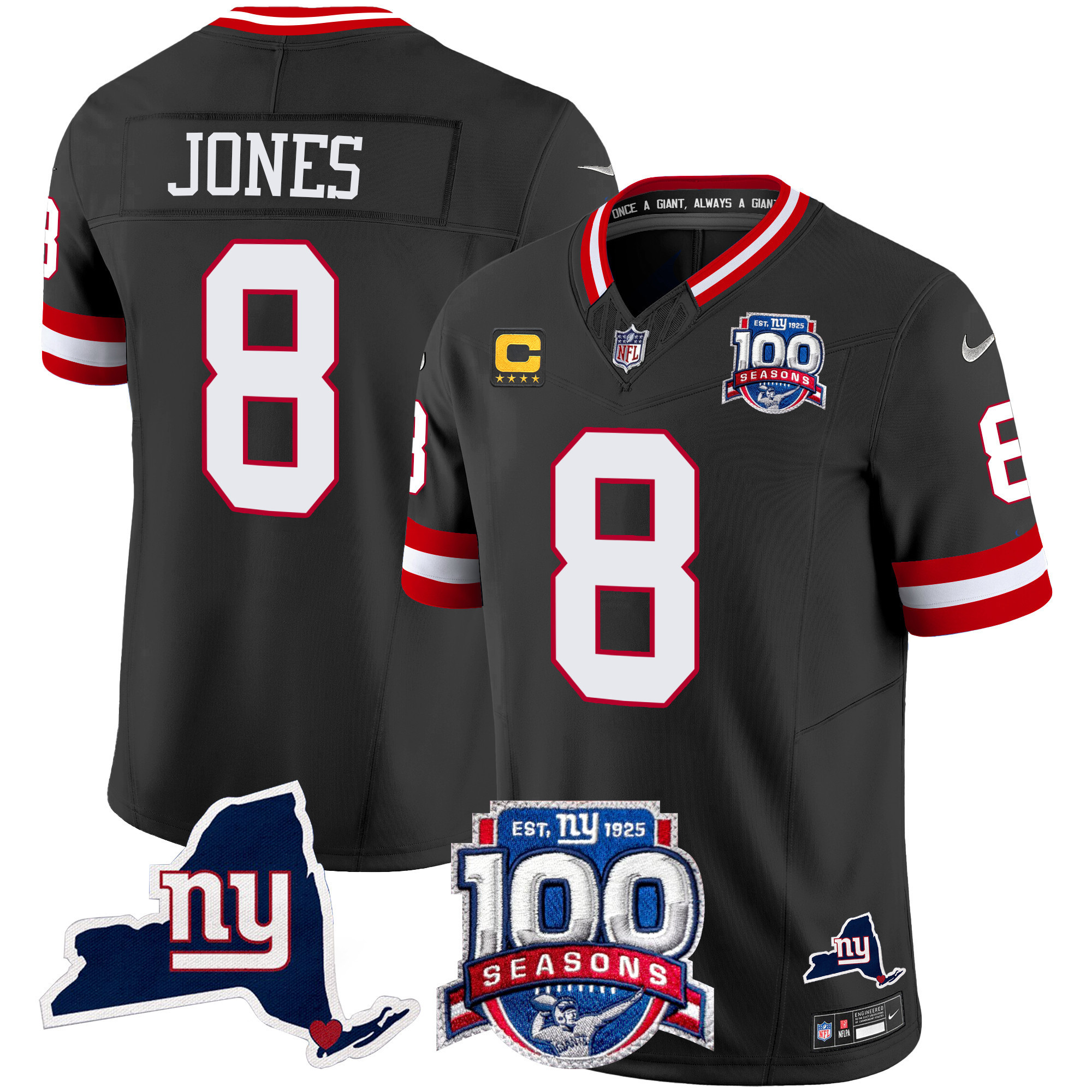 Daniel Jones Men's New York Giants 100th Season & State Patch Vapor Limited Black Jersey - All Stitched
