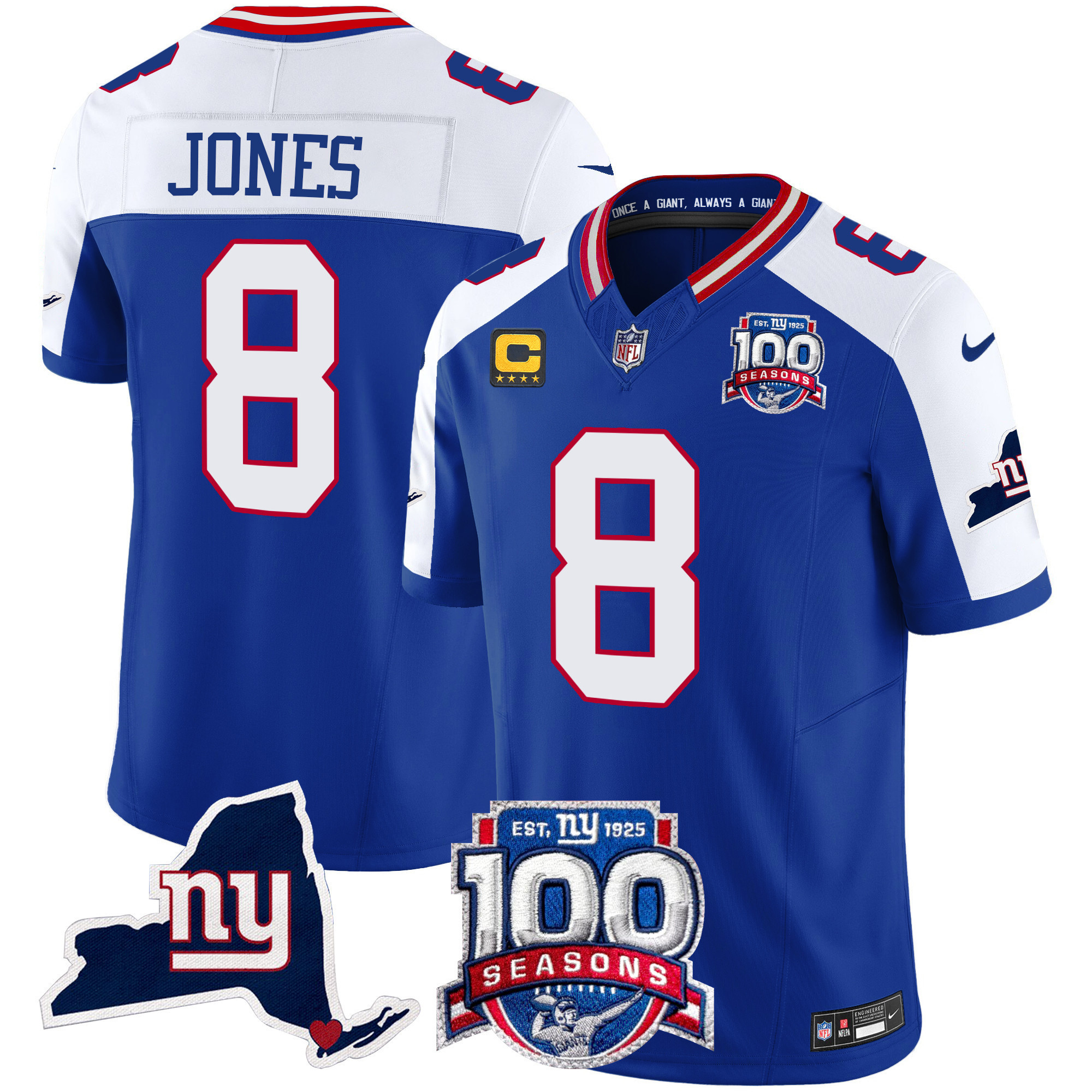 Daniel Jones Men's New York Giants 100th Season & State Patch Vapor Limited Royal Alternate Jersey - All Stitched